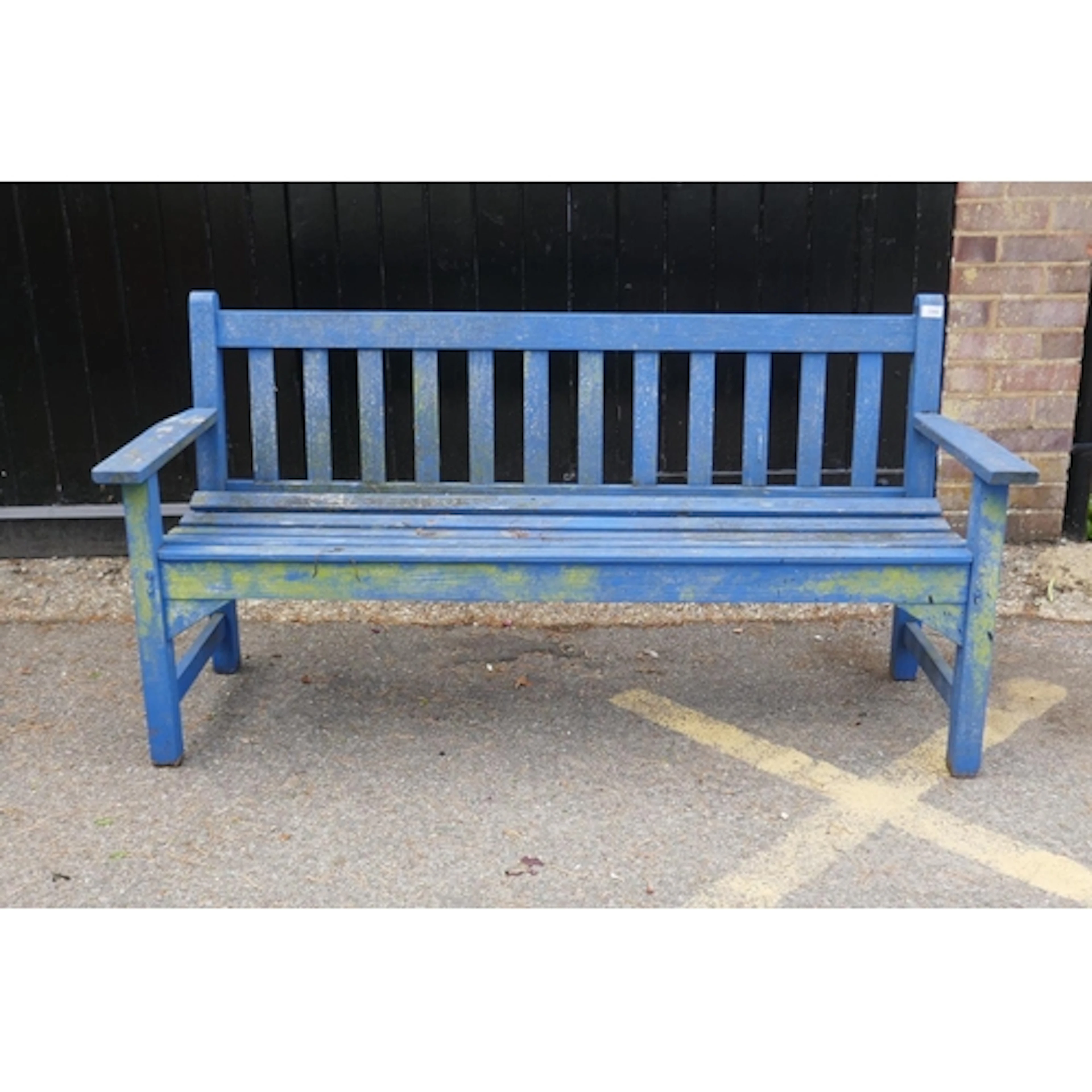 A blue painted slatted wood garden bench, 158cm long