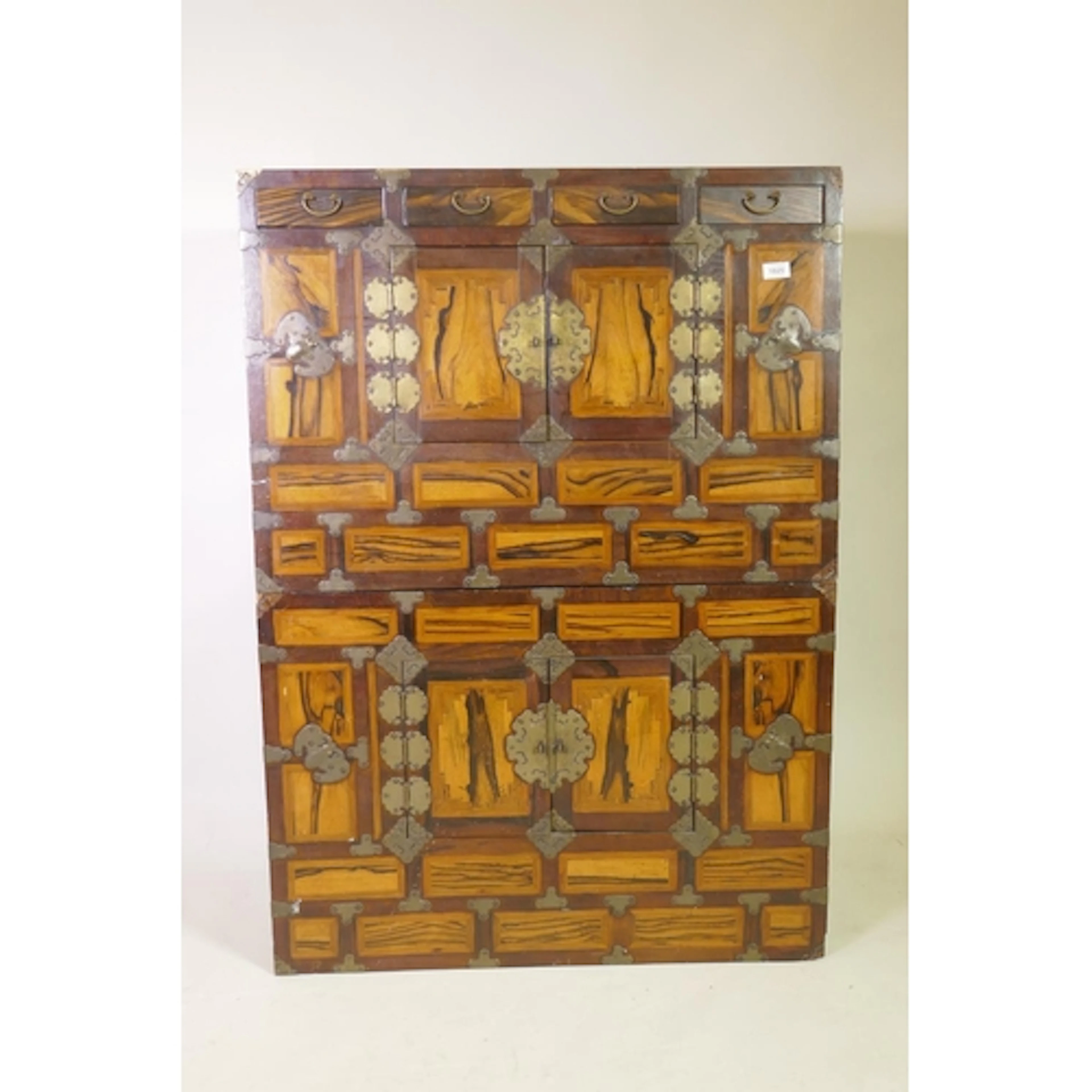Antique Korean parquetry inlaid two section cabinet, with br...