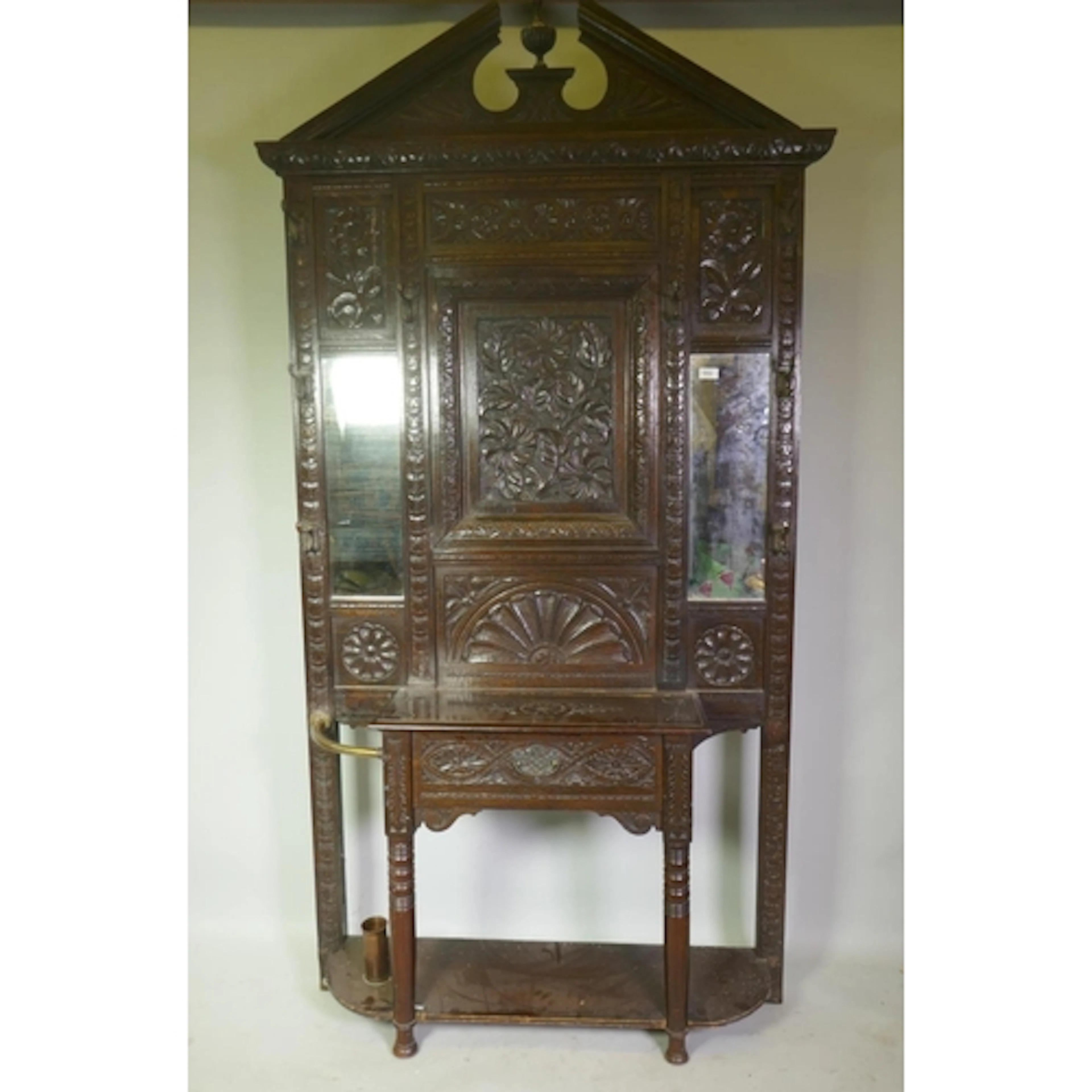 Victorian oak hall stand with carved panel decoration of two...