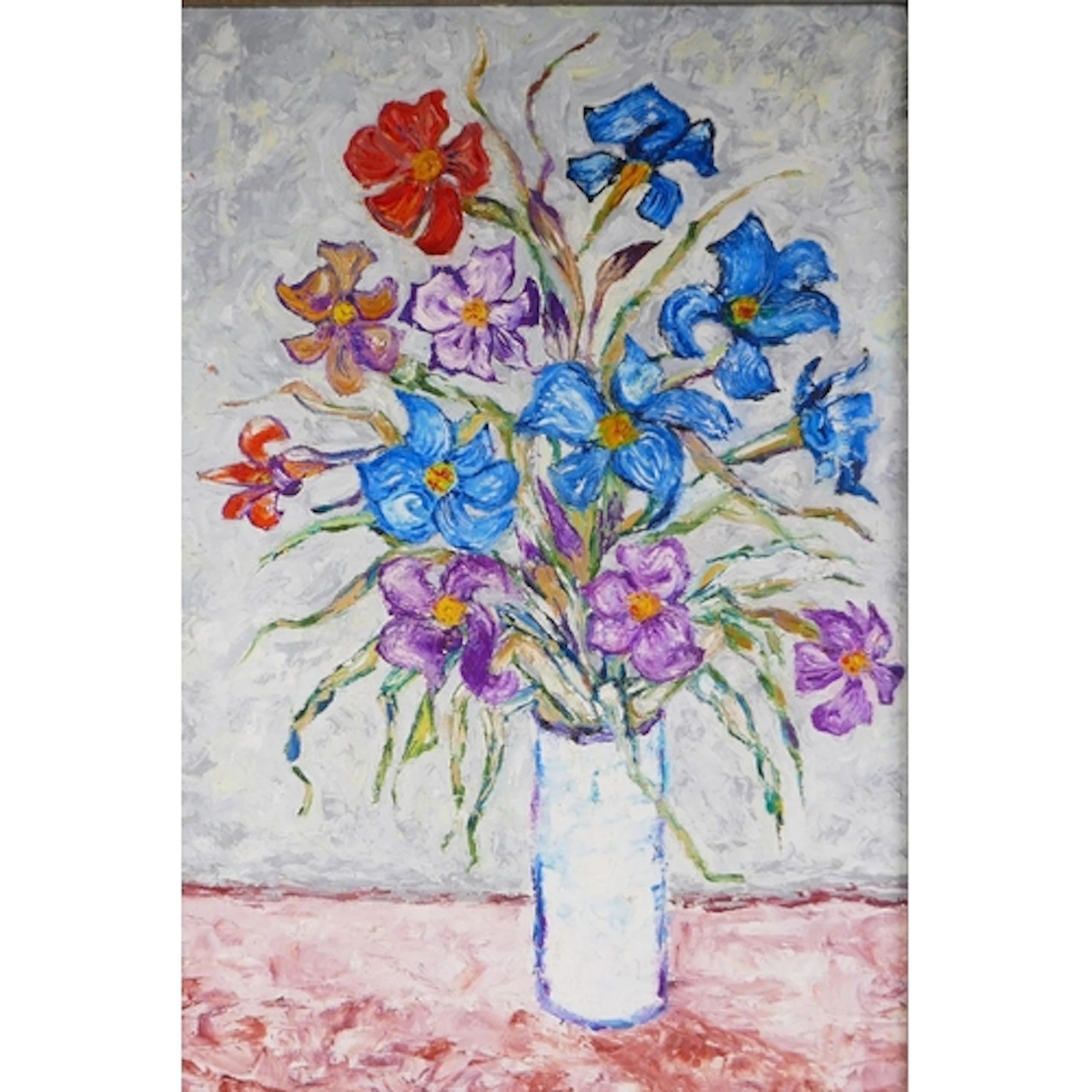 French School, still life, irises in a white vase, signed Cl...