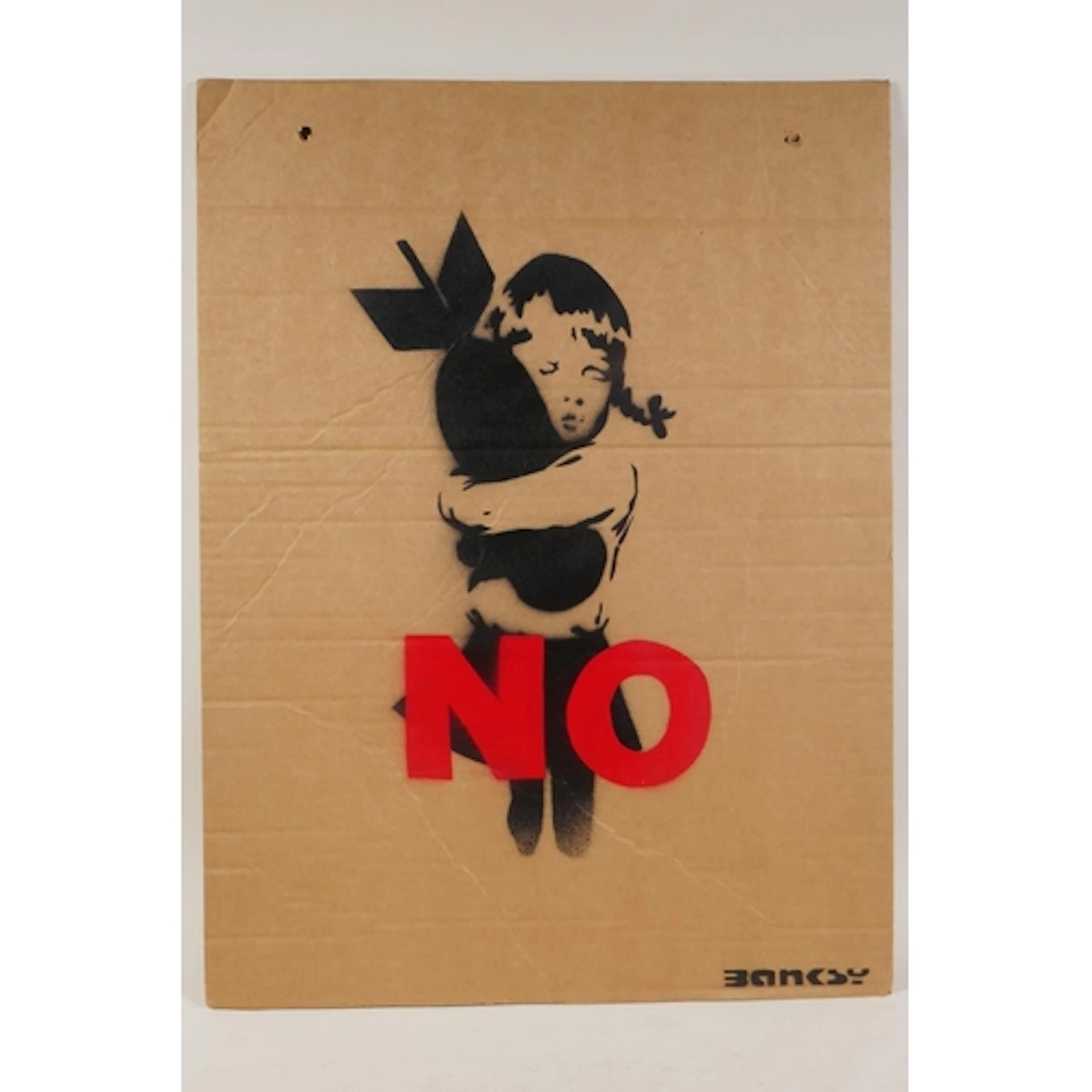 After Banksy, No War (Bomb Hugger), stencil on corrugated ca...