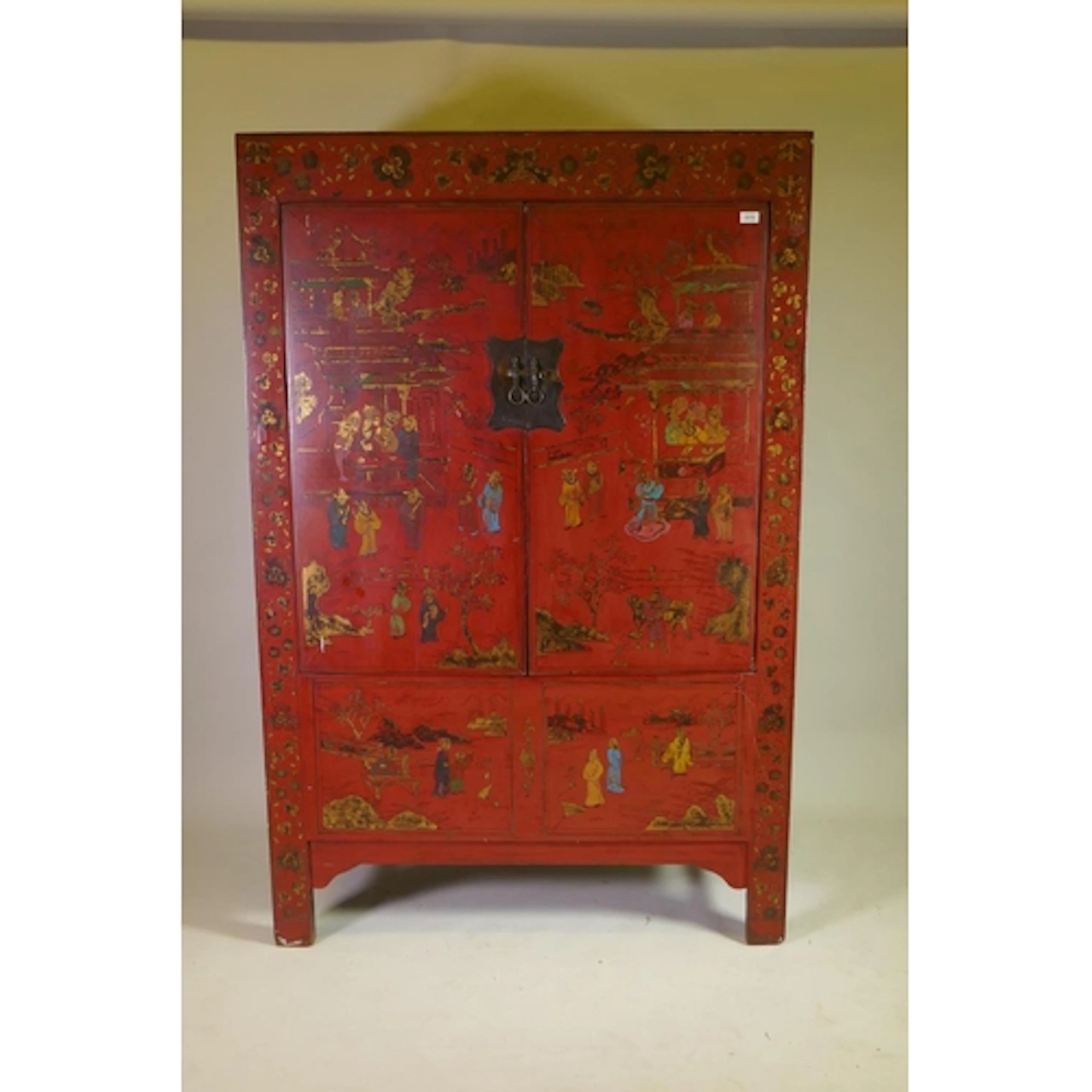 Antique Chinese red lacquered marriage cabinet with painted ...