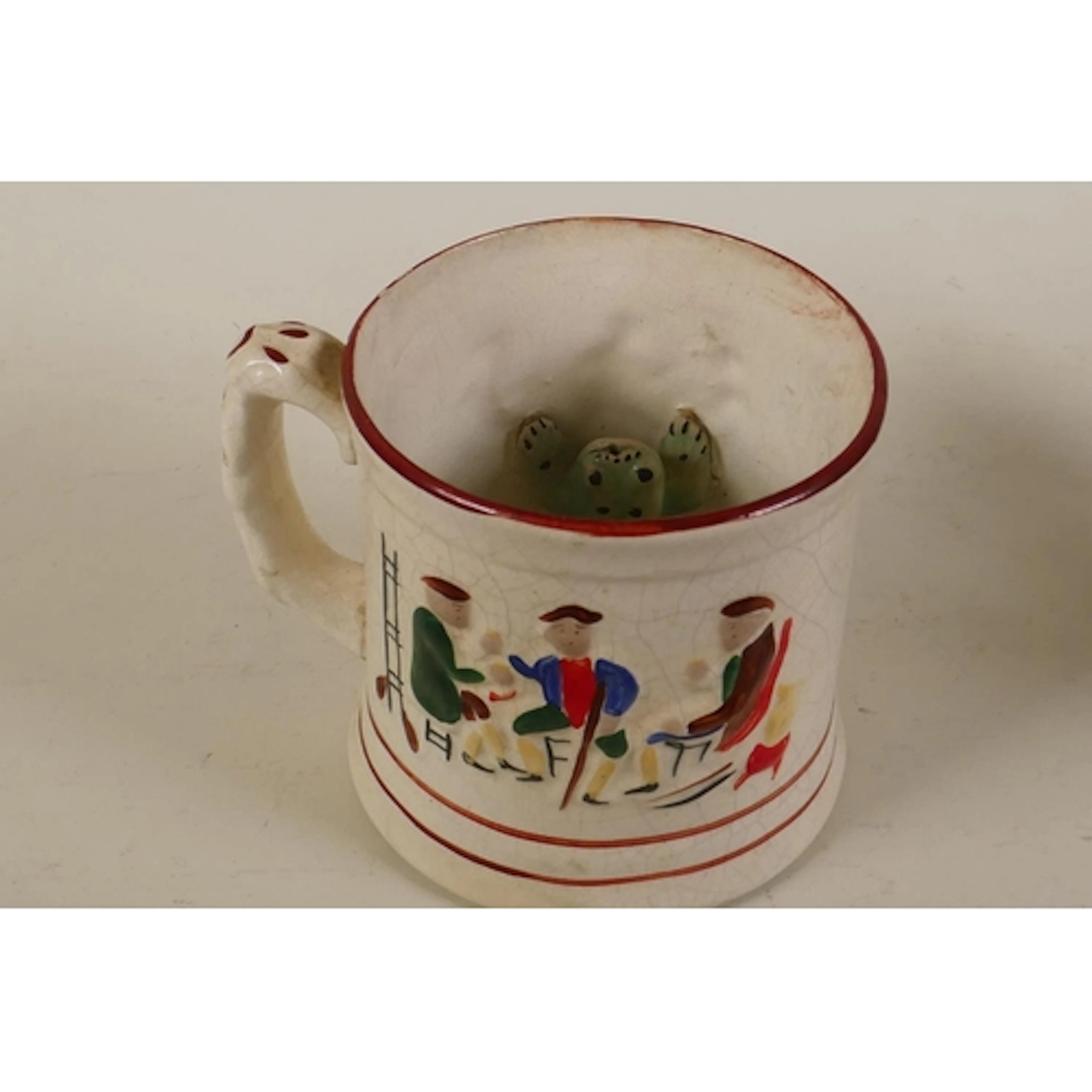 C19th Staffordshire frog mug, 12 x 13cm high