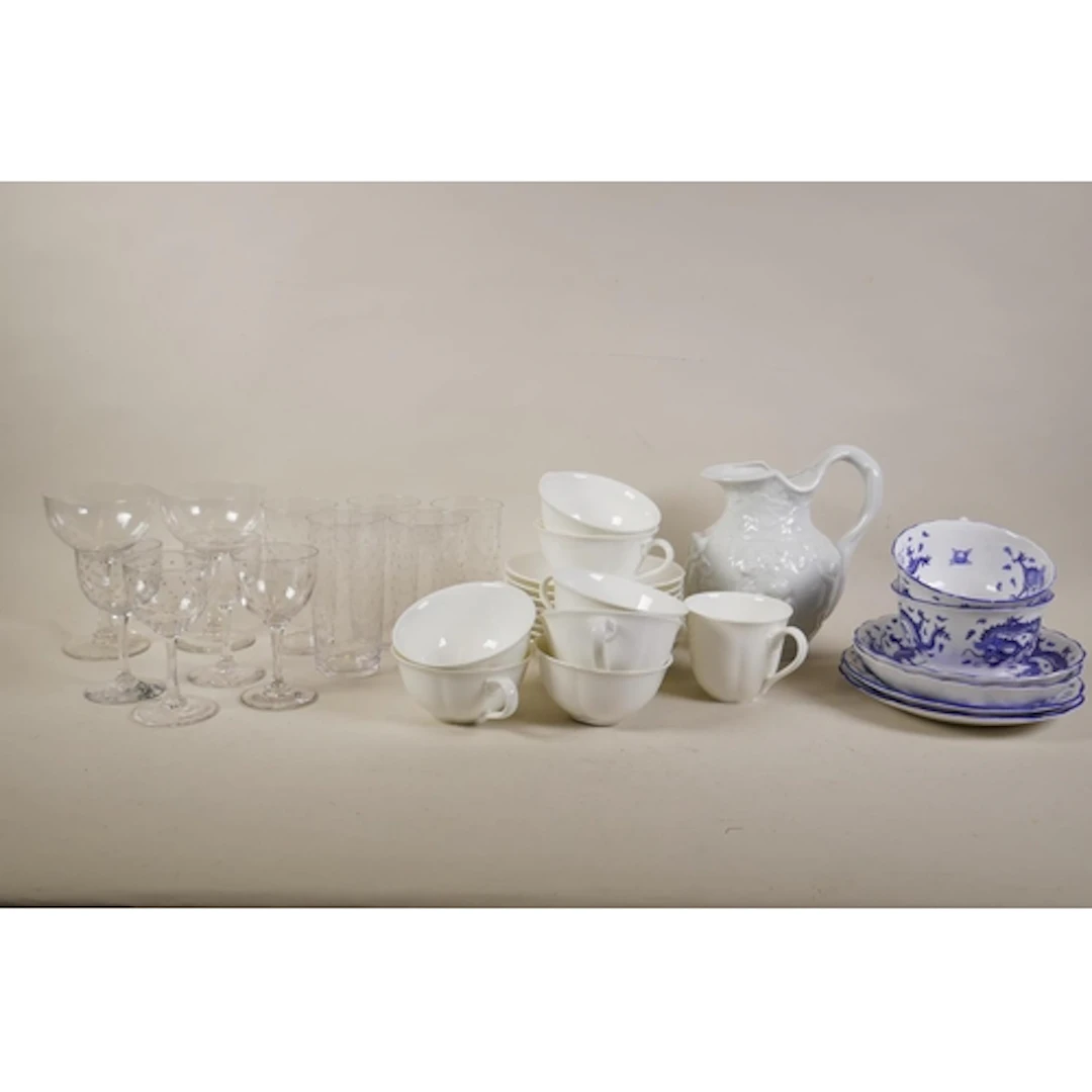 Quantity of antique drinking glasses with engraved star deco...