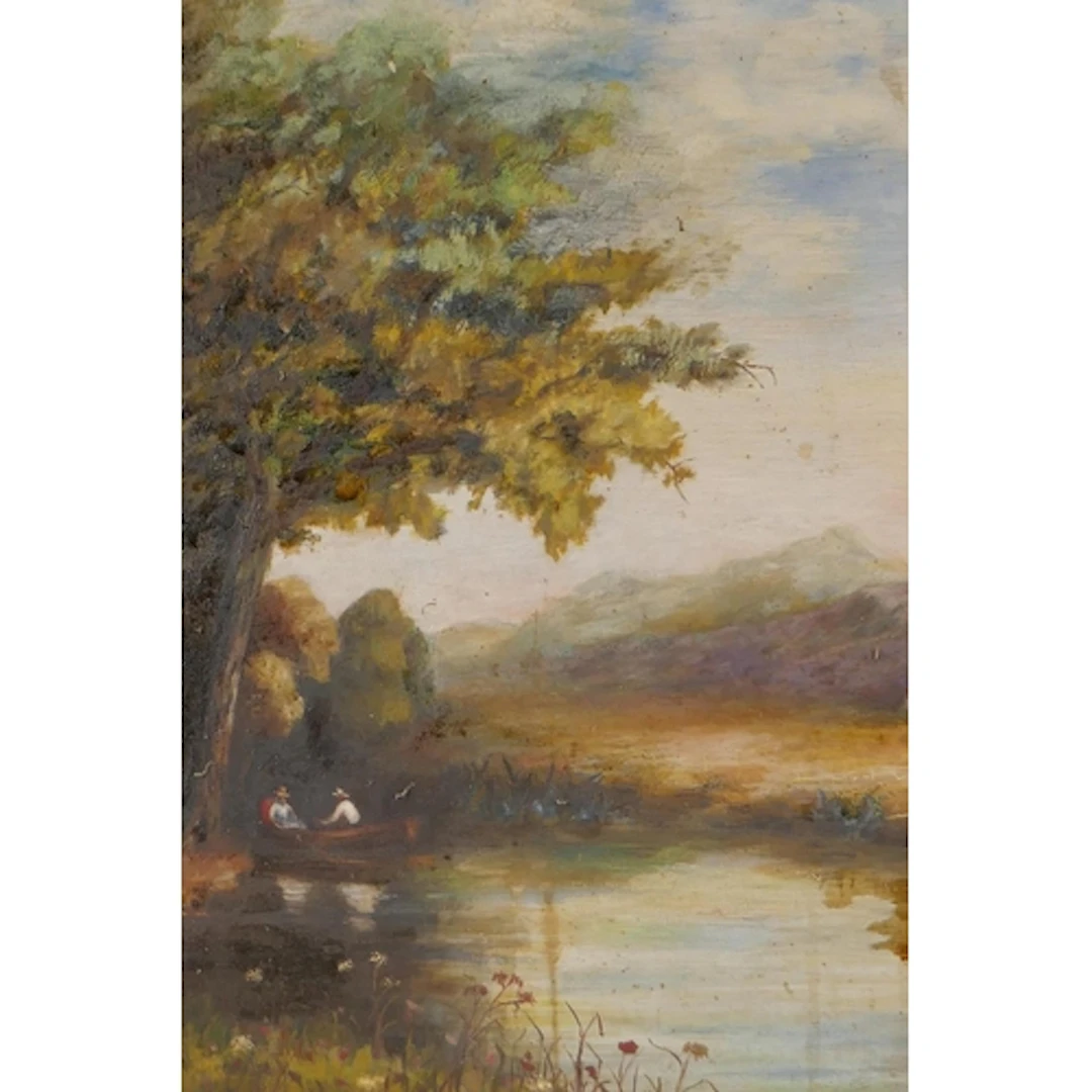 C19th rural scene with figures in a boat, signed indistinctl...