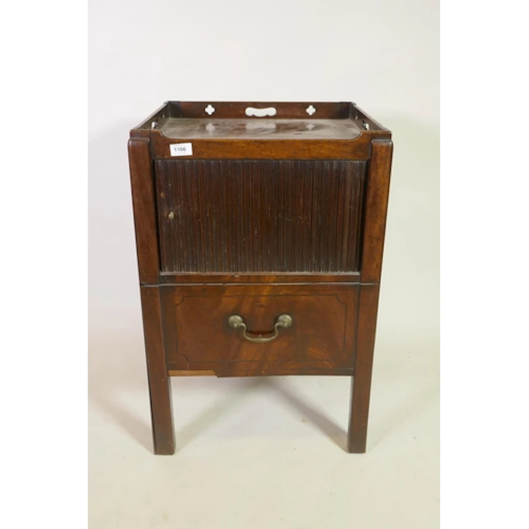 A Georgian mahogany commode/night table with tambour front, ...