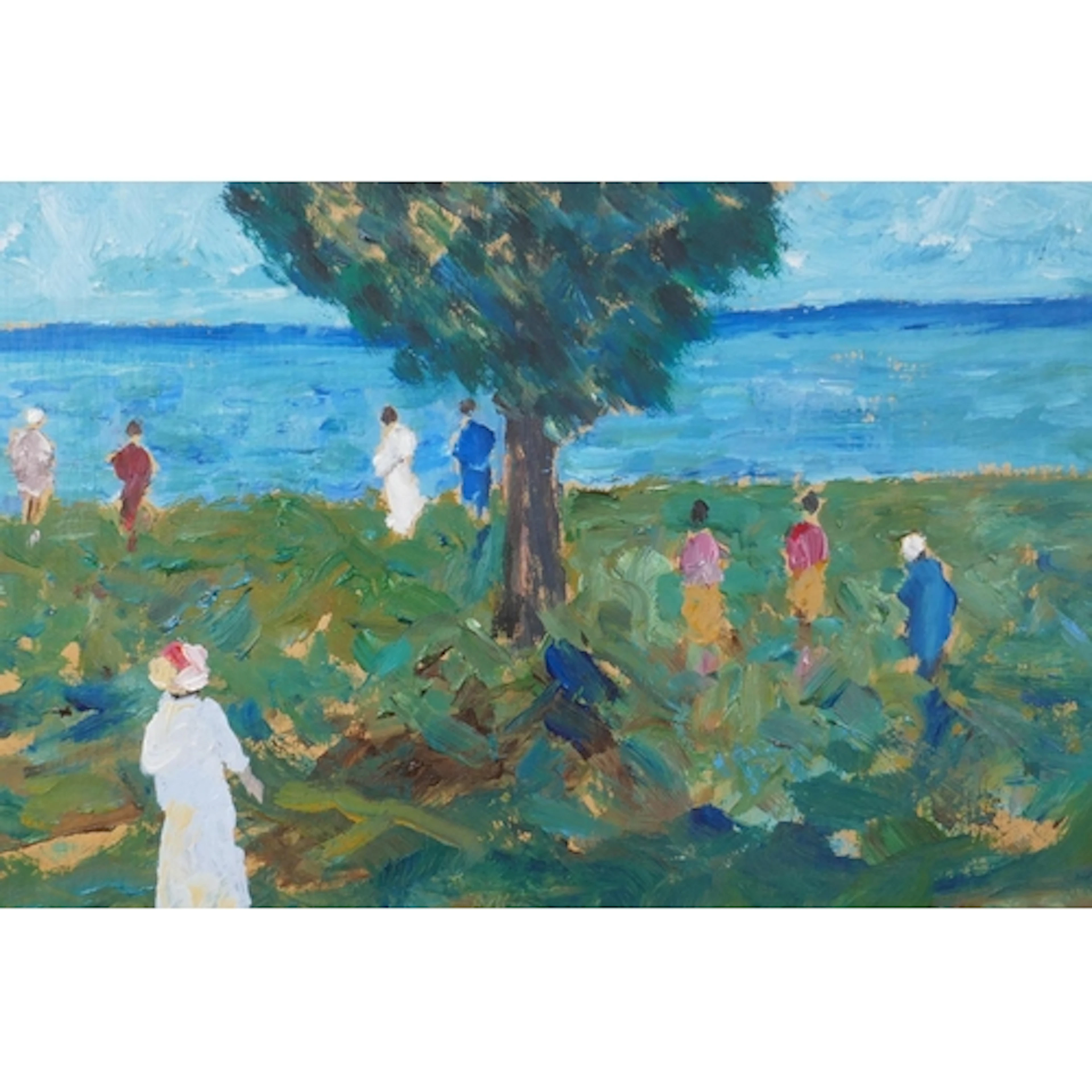 Impressionist style, figures on a river bank, oil on card, 2...