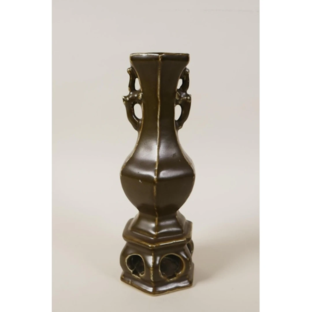 A Chinese tea dust glazed porcelain vase of hexagonal form w...