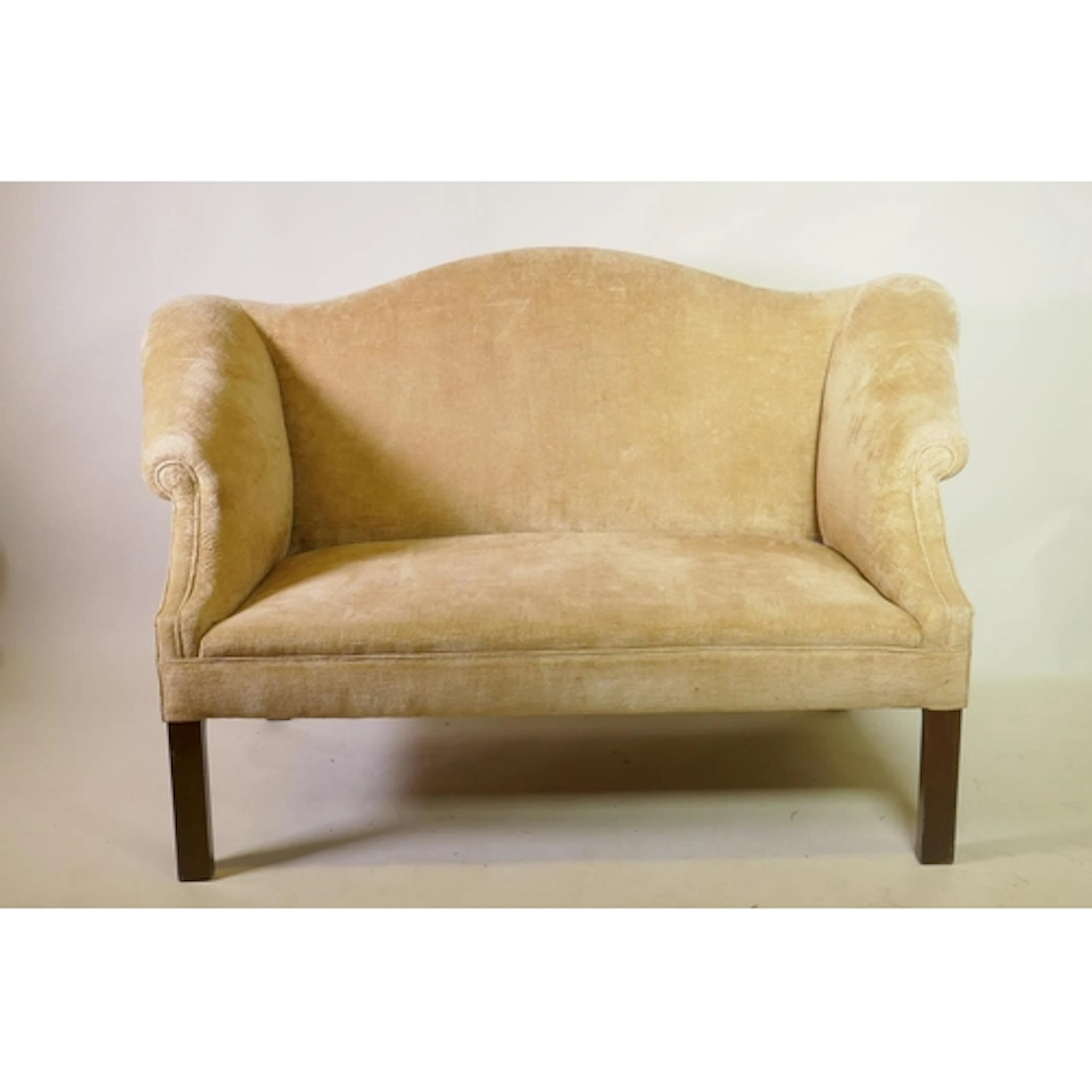 A vintage Chippendale style camel back settee, raised on mah...