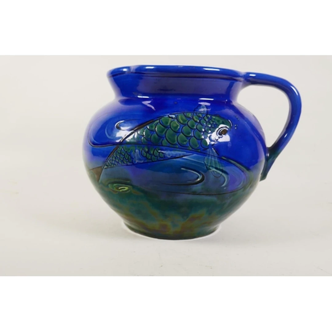Barum pottery, Devon, glazed jug with fish decoration, 20cm ...
