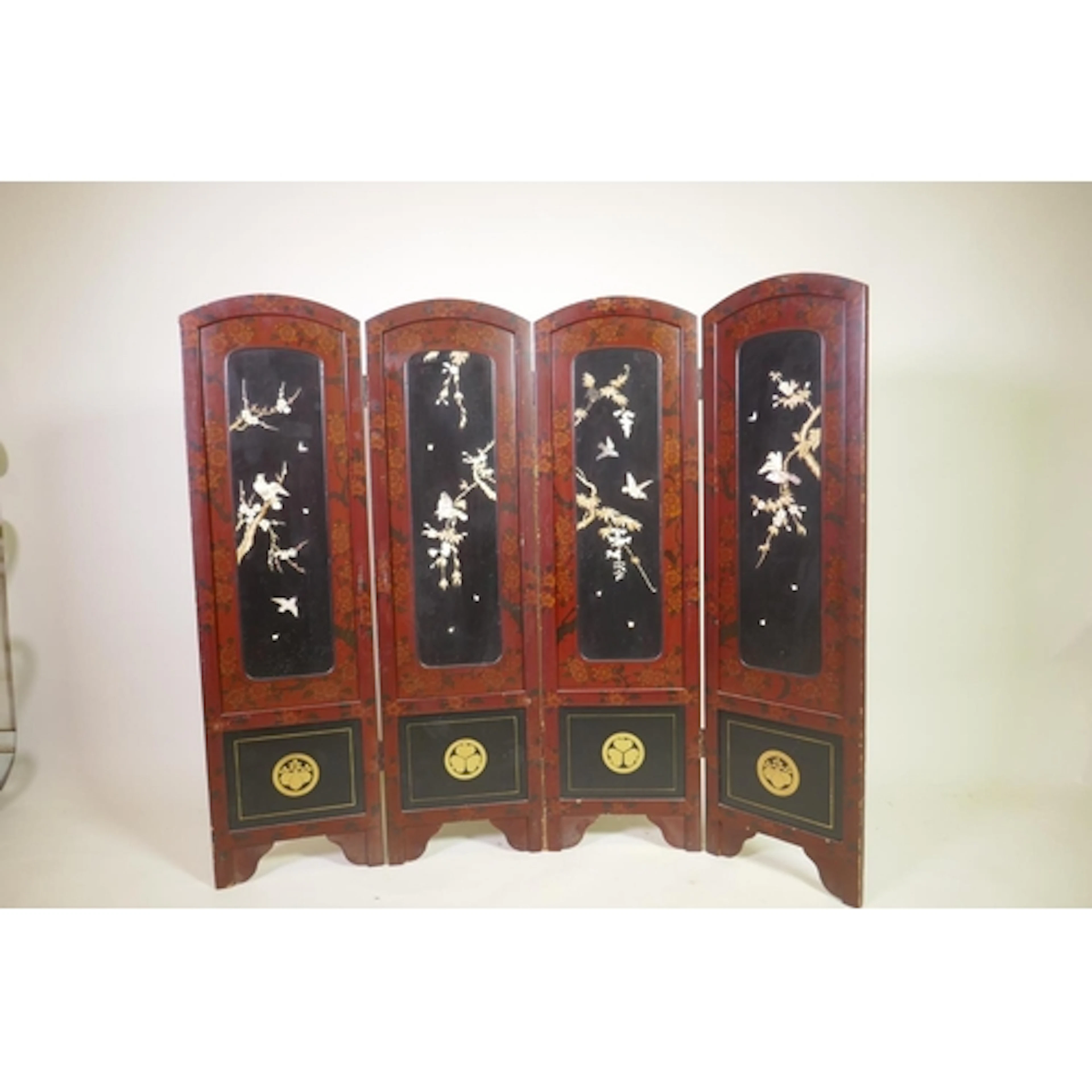 Antique Meiji period Japanese lacquered four fold screen, in...