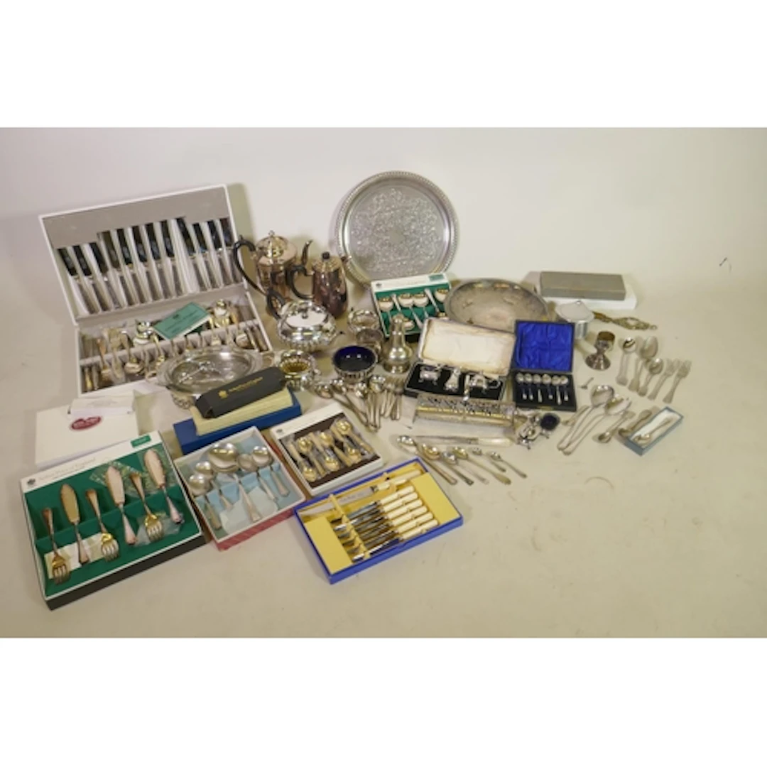 Quantity of silver plated wares, tray, footed bowl, Britanni...