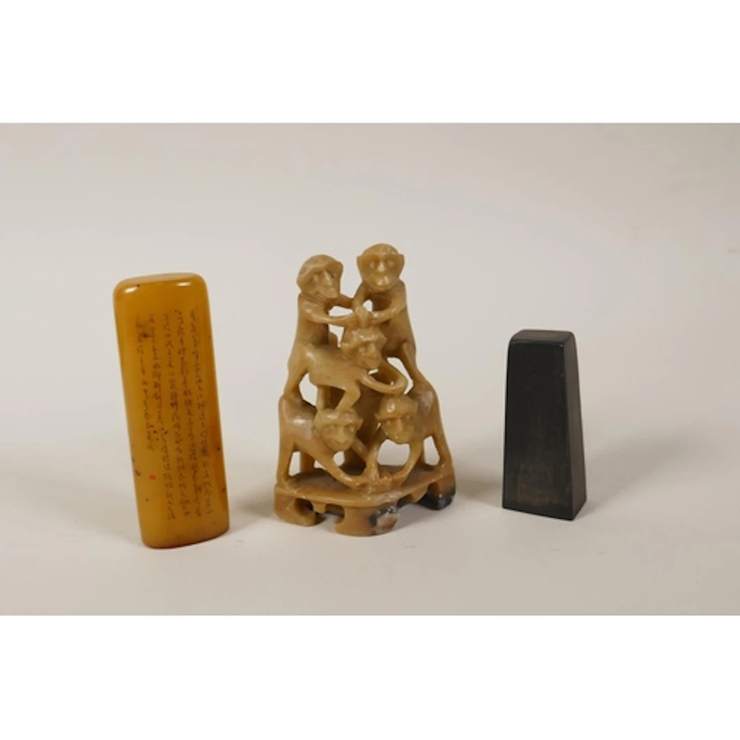A Chinese yellow soapstone seal with allover calligraphy dec...