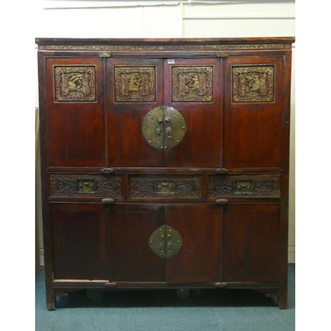 Antique Chinese marriage cabinet, stained and lacquered soft...