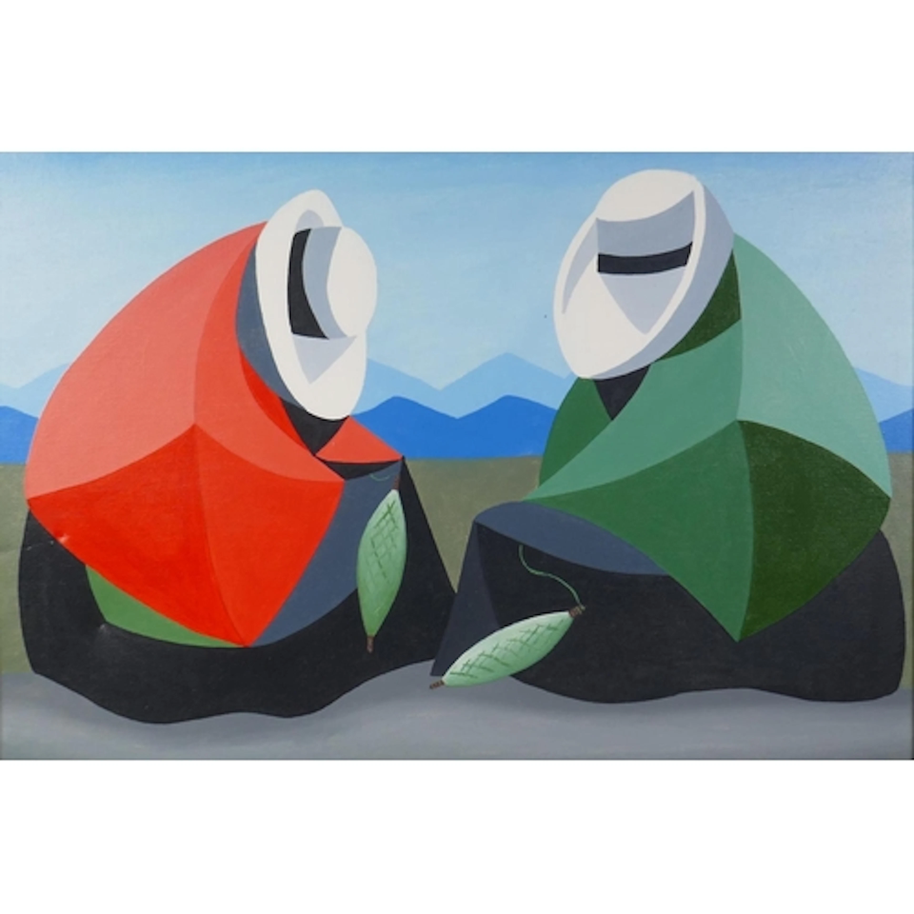 South American folk art, two stylised figures, bears signatu...
