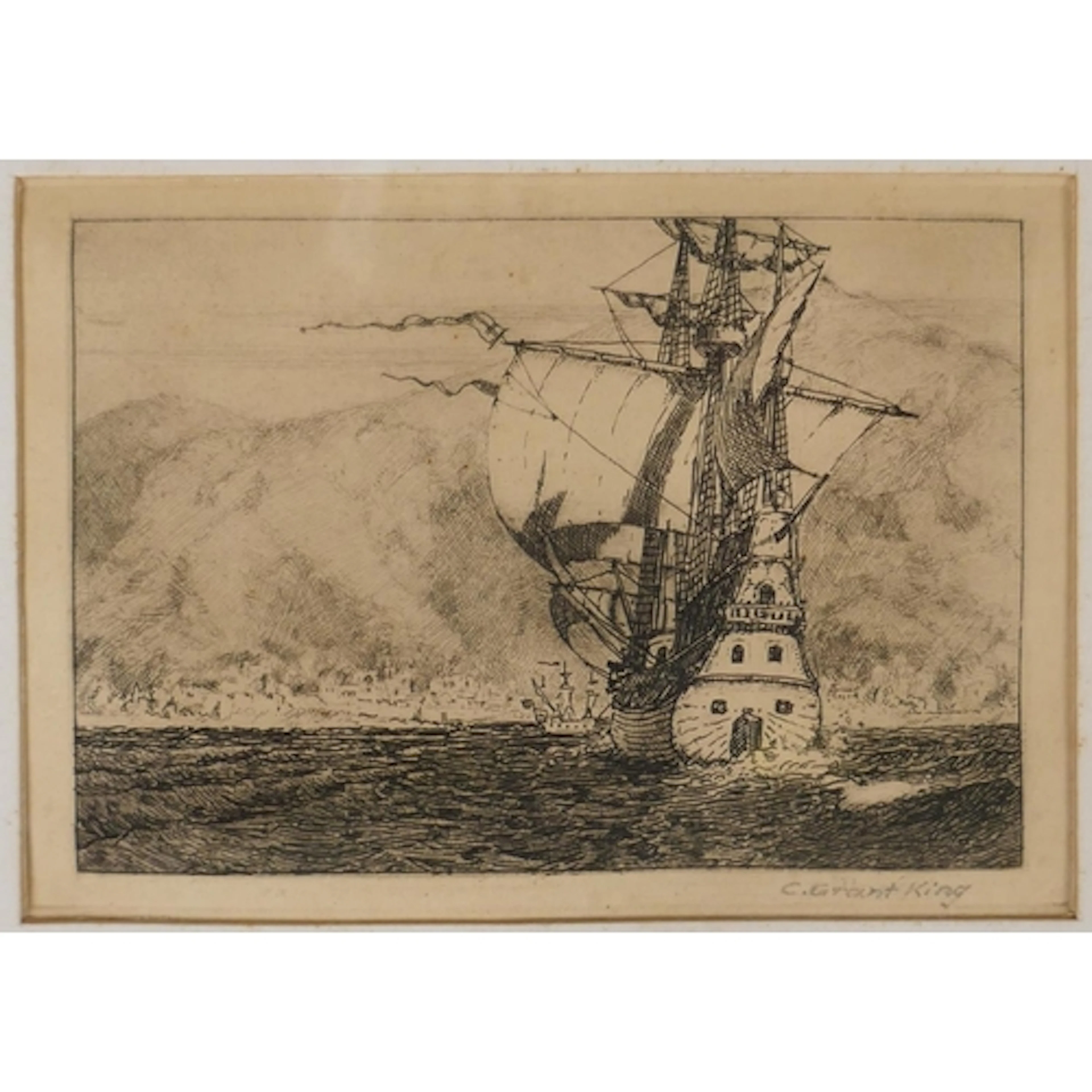 C. Grant King, antique maritime etching of a man o' war, Med...