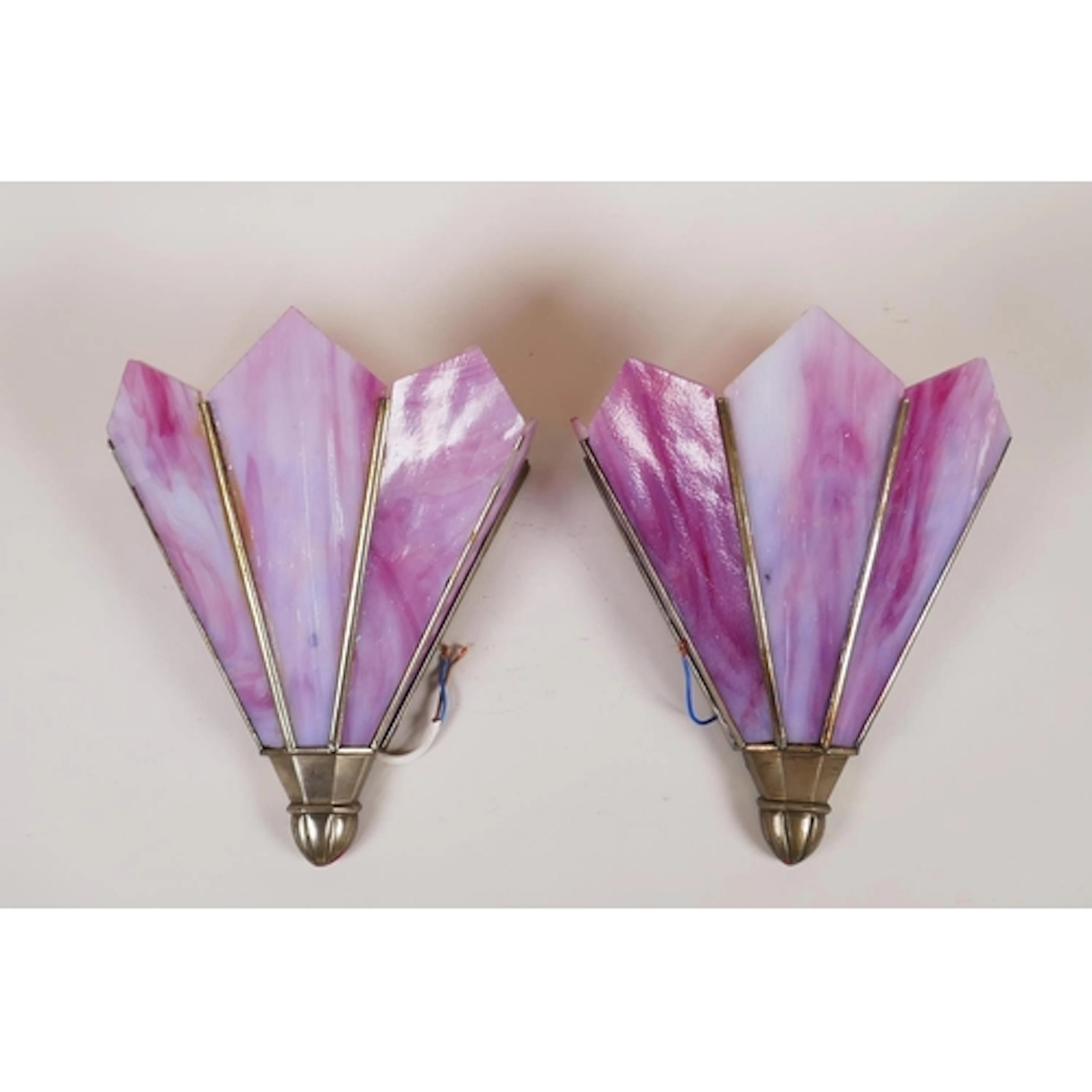 A pair of Art Deco fan shaped wall lights with pink swirled ...