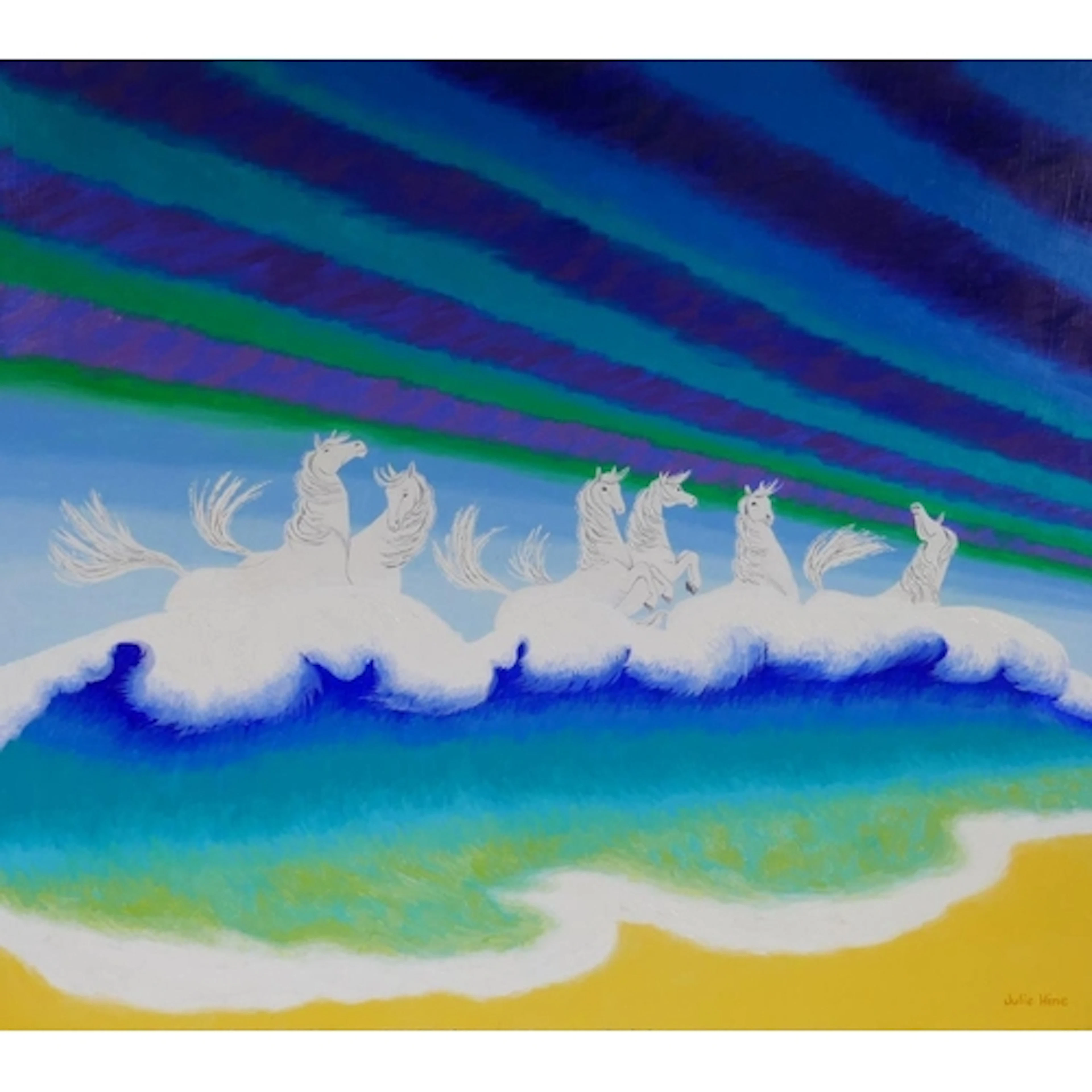 Julie Hine, (British, b.1945), Wave Horses, folk art style, ...