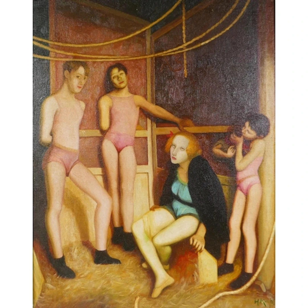 Performers backstage, bears signature H. Knight, oil on canv...