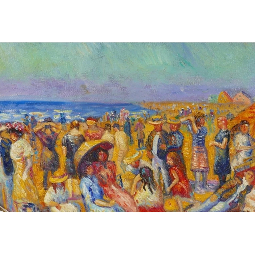American impressionist style, crowds at the beach, oil on ca...