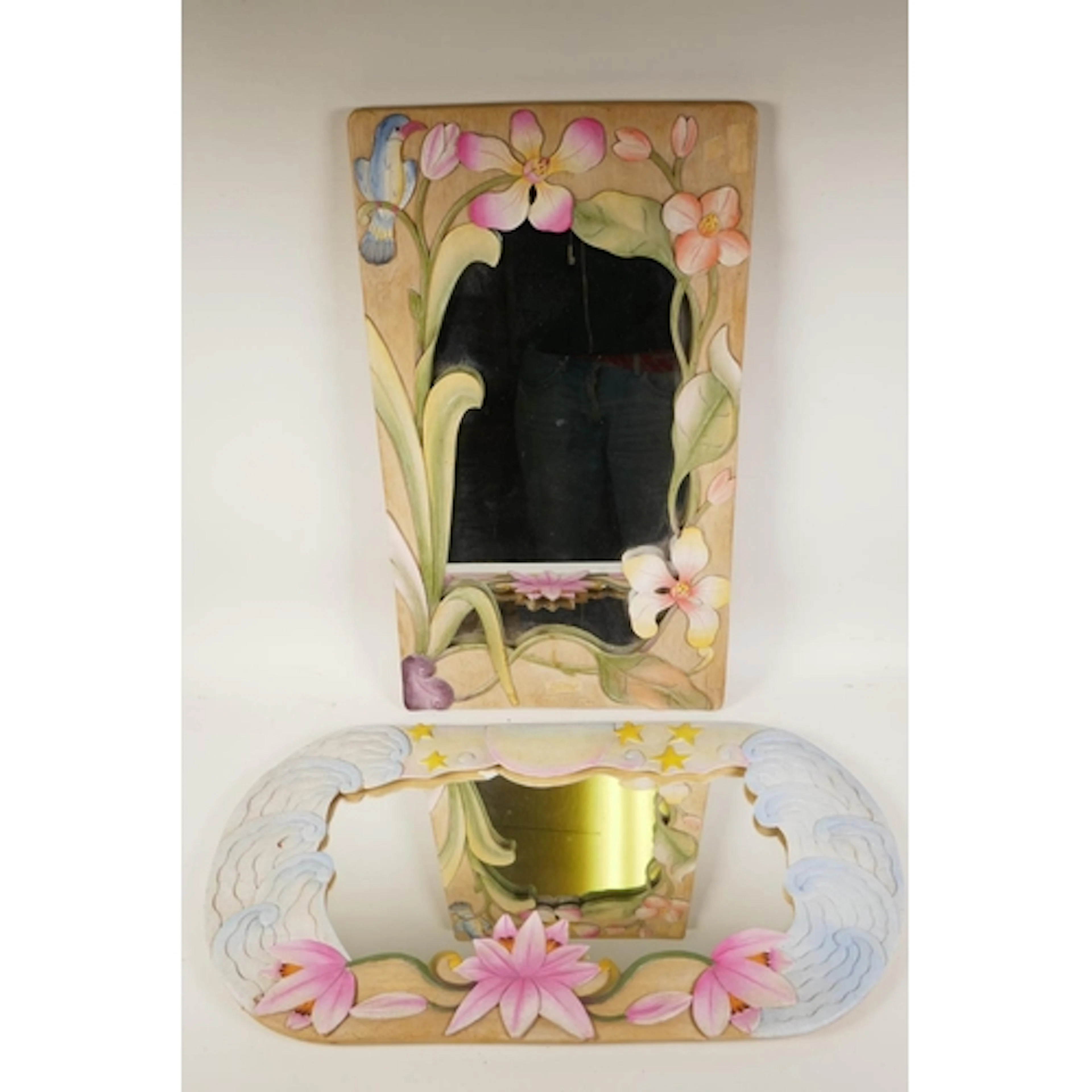 A vintage oriental hand carved and painted wood mirror with ...