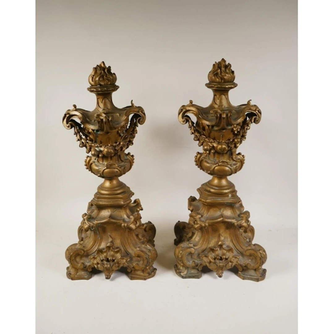 Pair of antique gilt metal andirons in the form of classical...