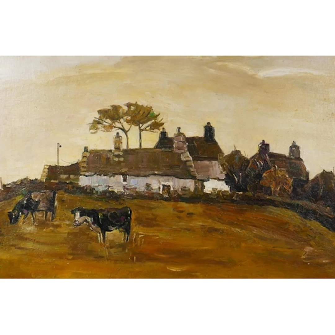 Welsh impressionist style rural landscape with cows, oil on ...