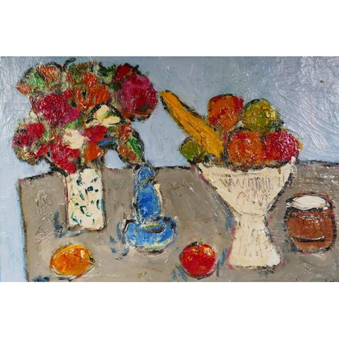 Still life with bowl of fruit and vase of flowers, indistinc...