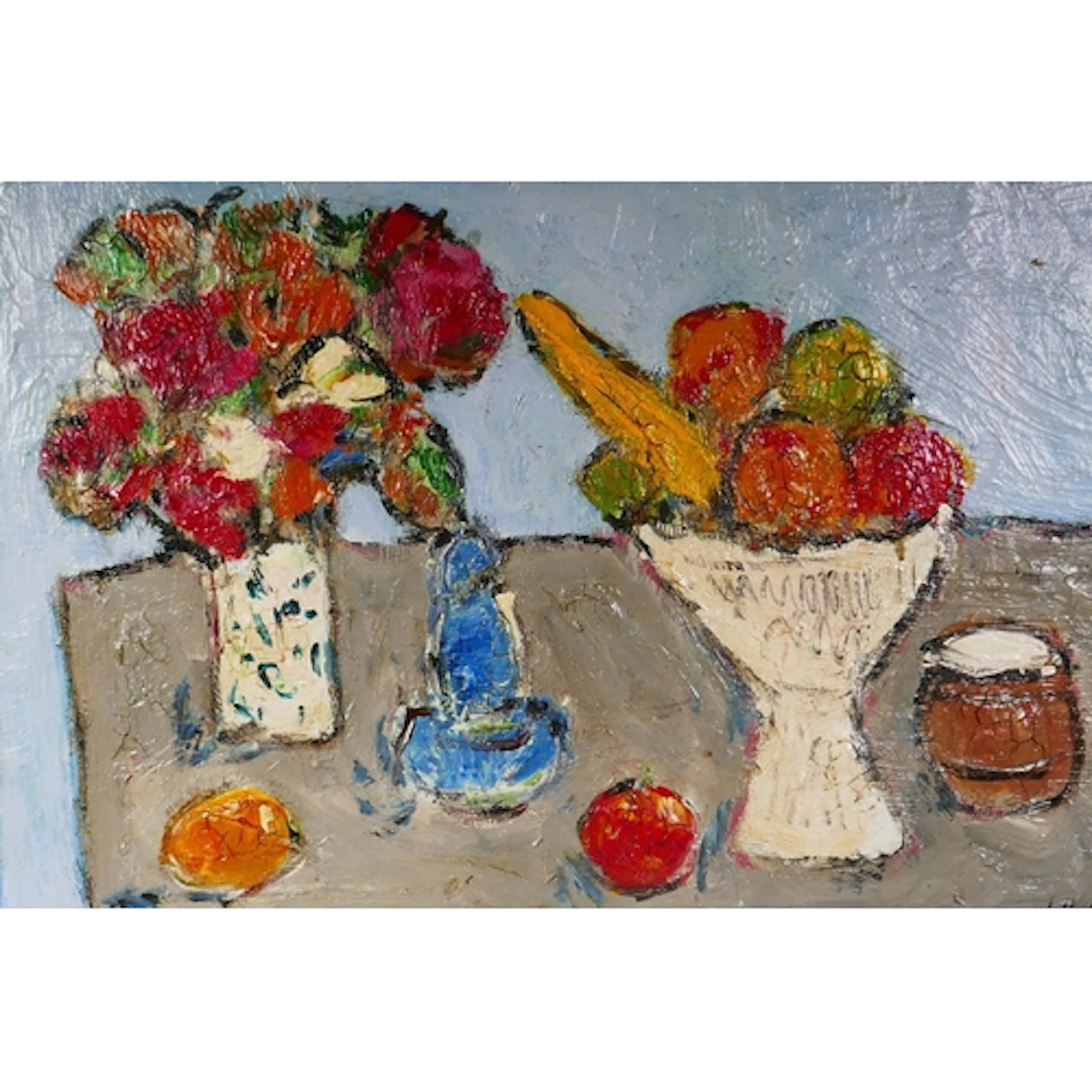 Still life with bowl of fruit and vase of flowers, indistinc...