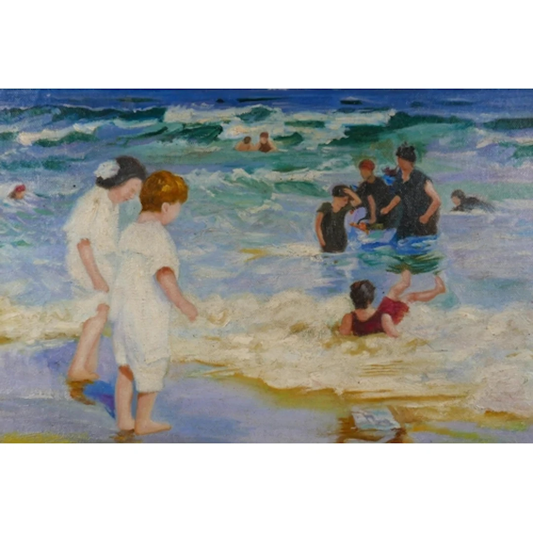 American impressionist style, beach scene with children play...