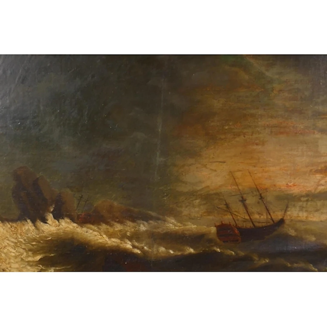 English school, C19th, three masted ship foundering in storm...