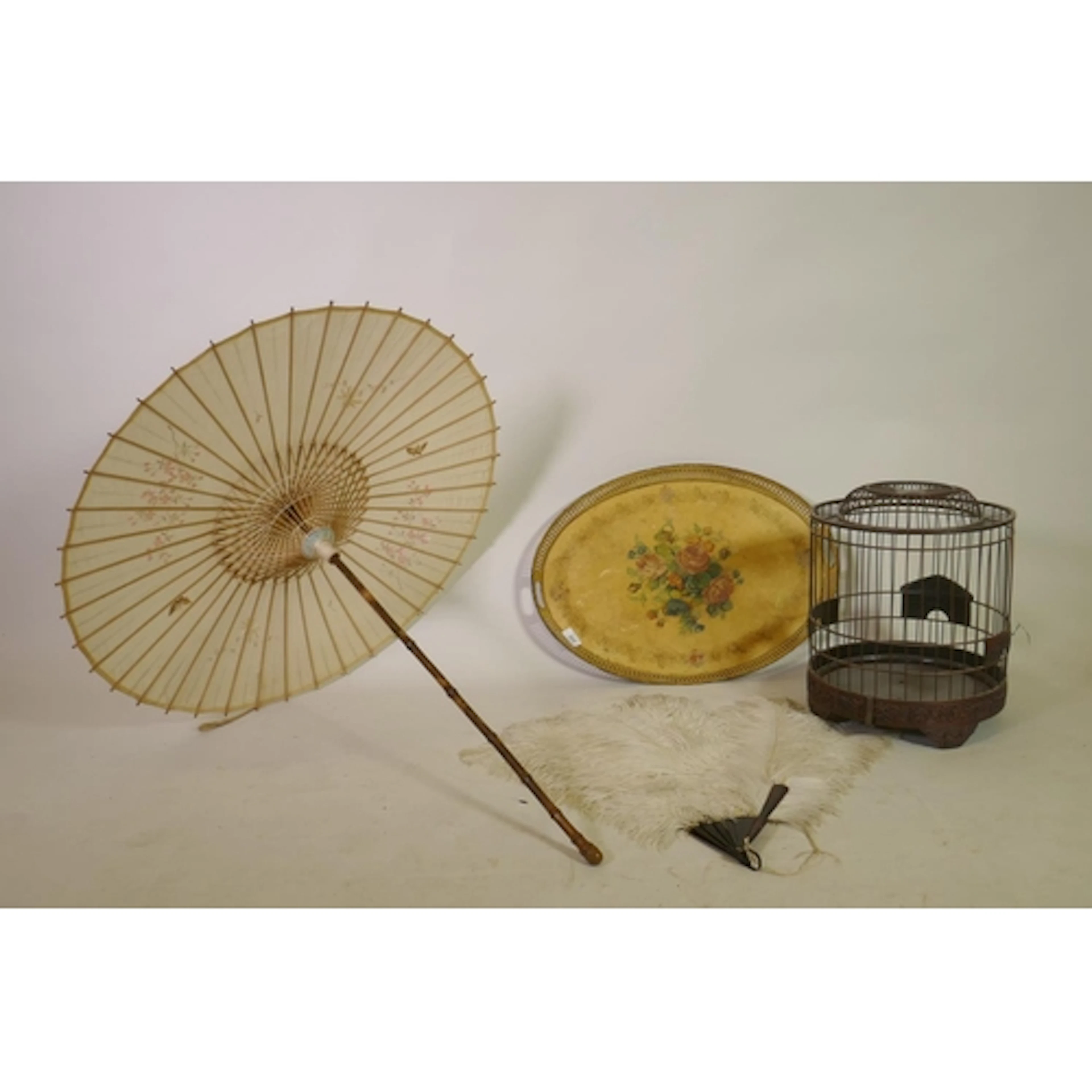 A painted toleware tray with pierced gallery, 58 x 43cm, a v...