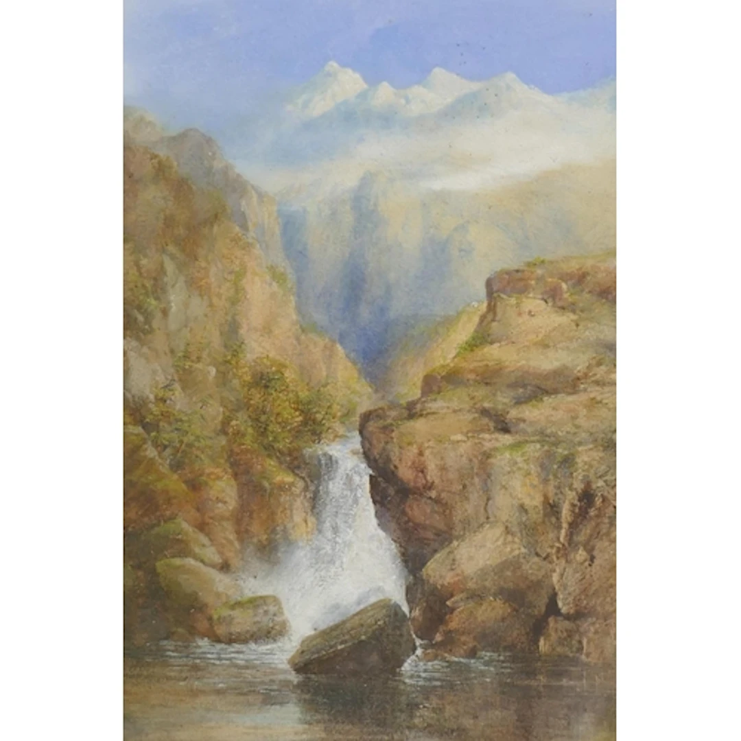 British school, C19th, landscape, snow capped mountains and ...