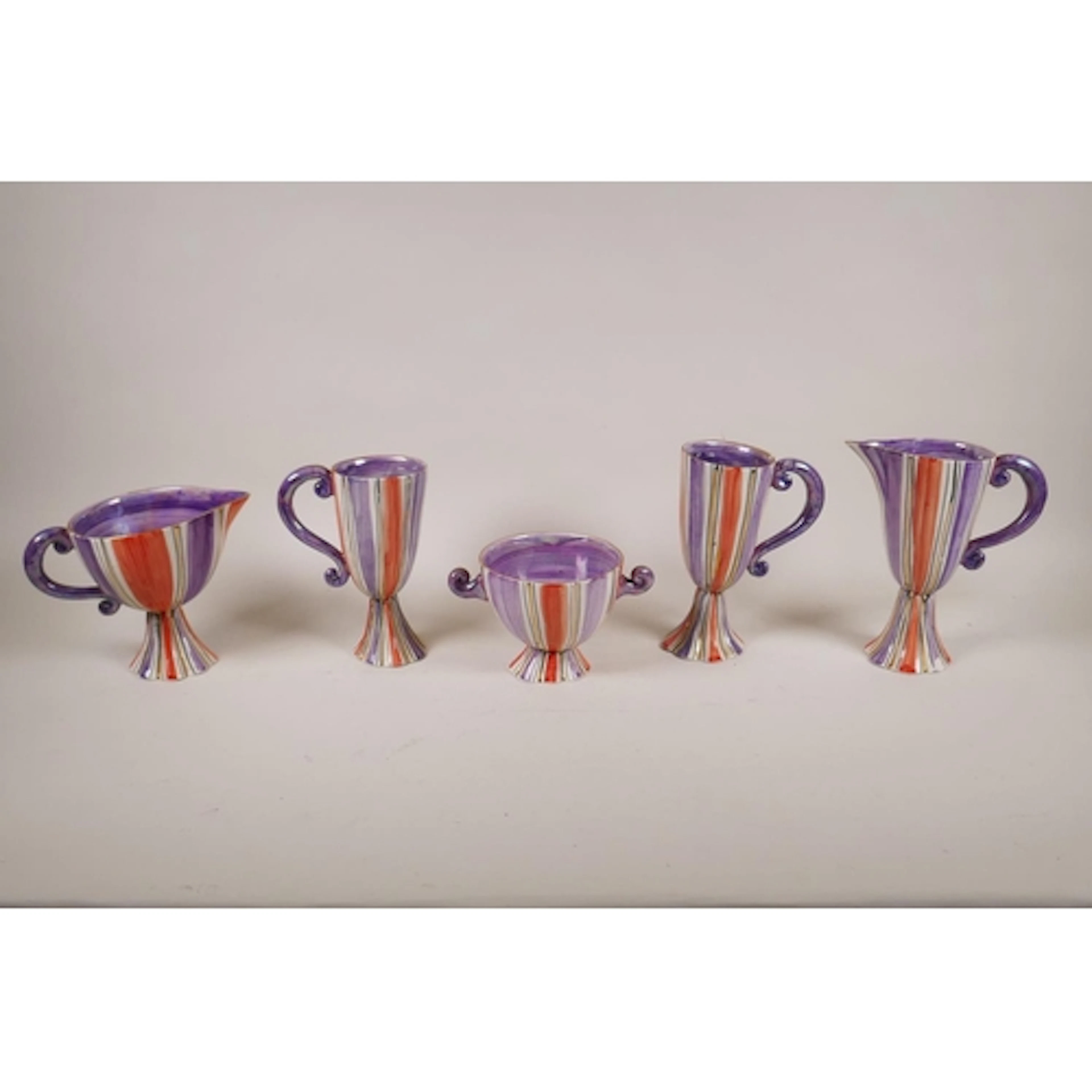 Mark Haillay pottery tea set, two cups, two jugs and sugar b...