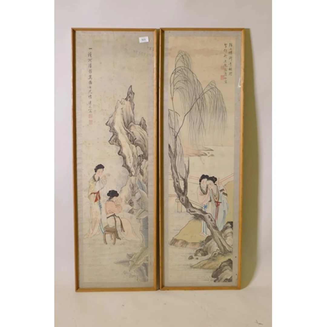 Pair of antique Chinese paintings on silk, one depicting wom...