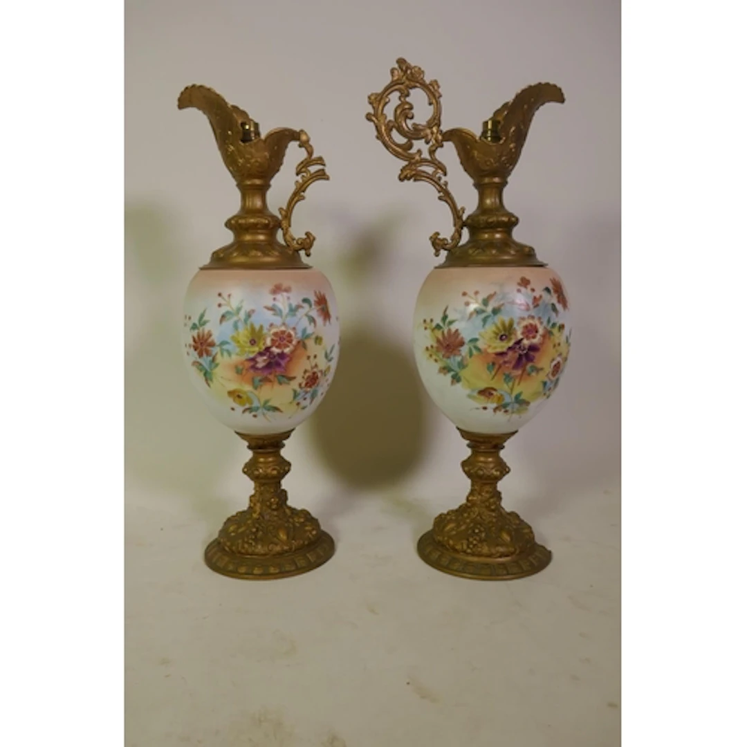 Pair of Victorian opaline glass and gilt metal ewer shaped v...