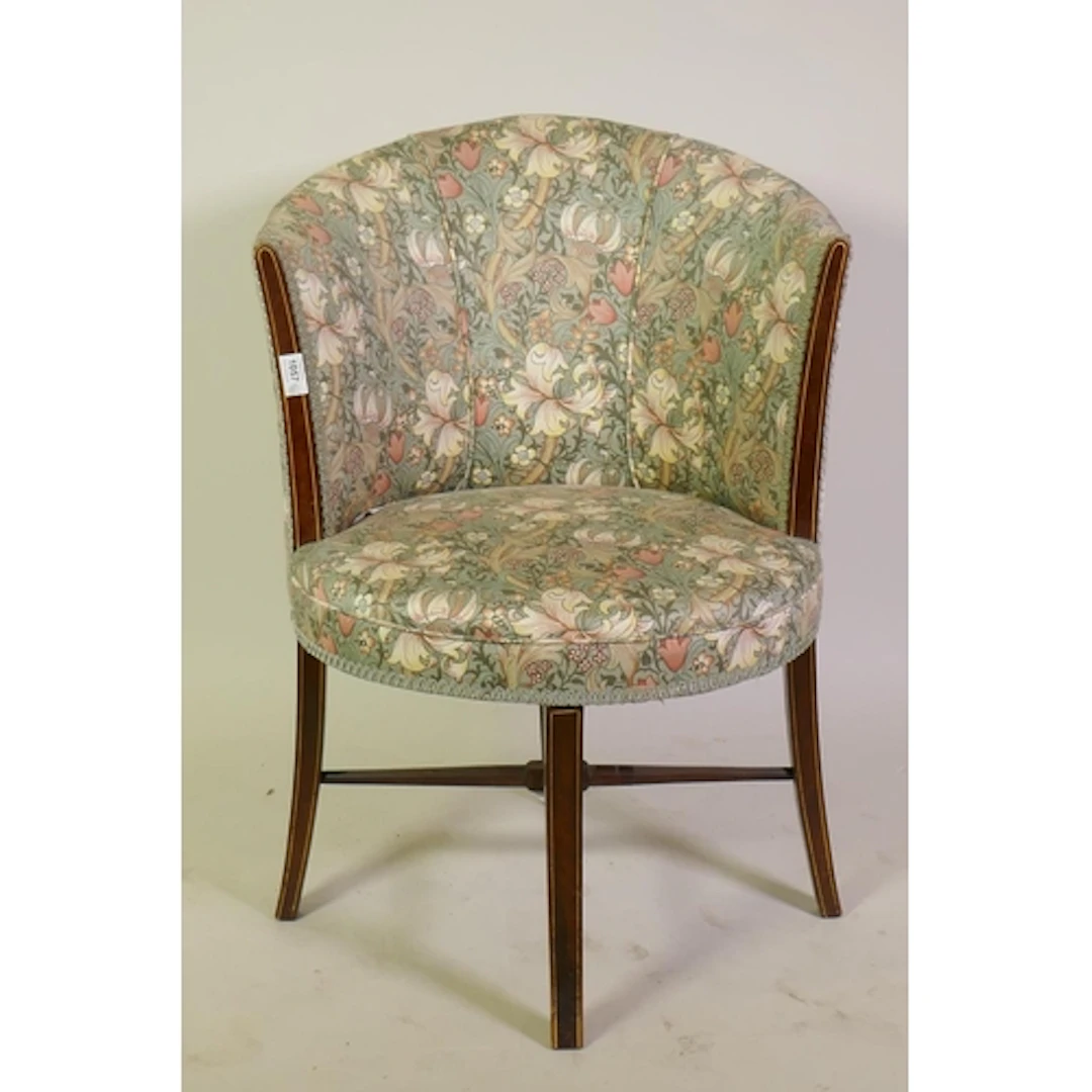 Edwardian inlaid mahogany tub shaped bedroom chair upholster...
