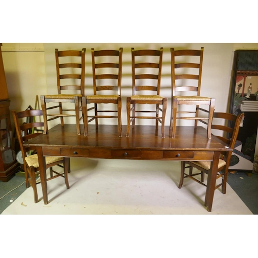 French farmhouse style oak table with plank top and cleated ...