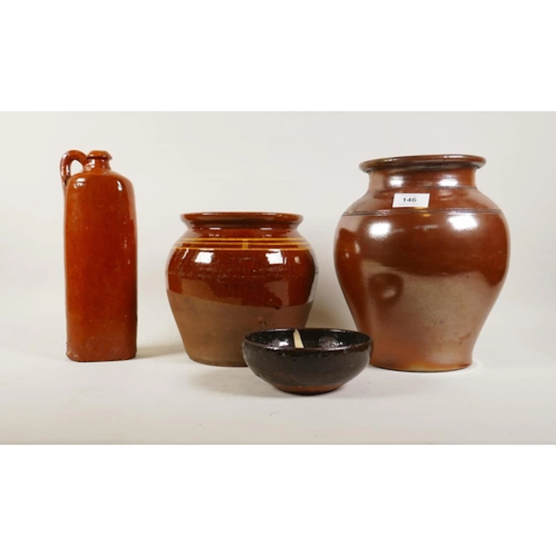 C18th/C19th glazed stoneware flask, 27cm high, a glazed jar ...