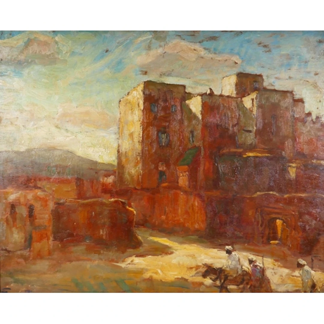 View of a an Eastern fortified town with travellers, early C...