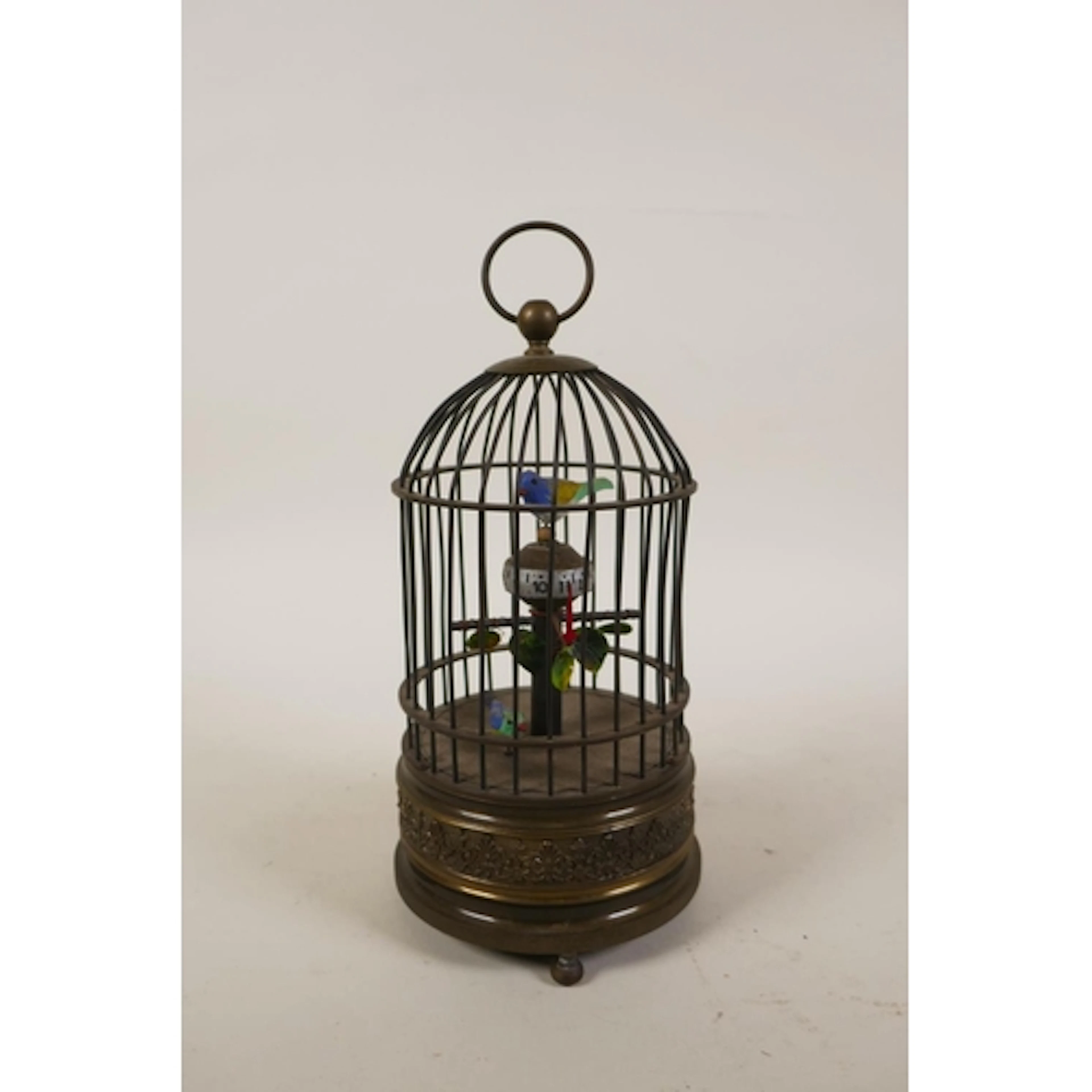 A vintage style brass birdcage automaton clock, 19cm high