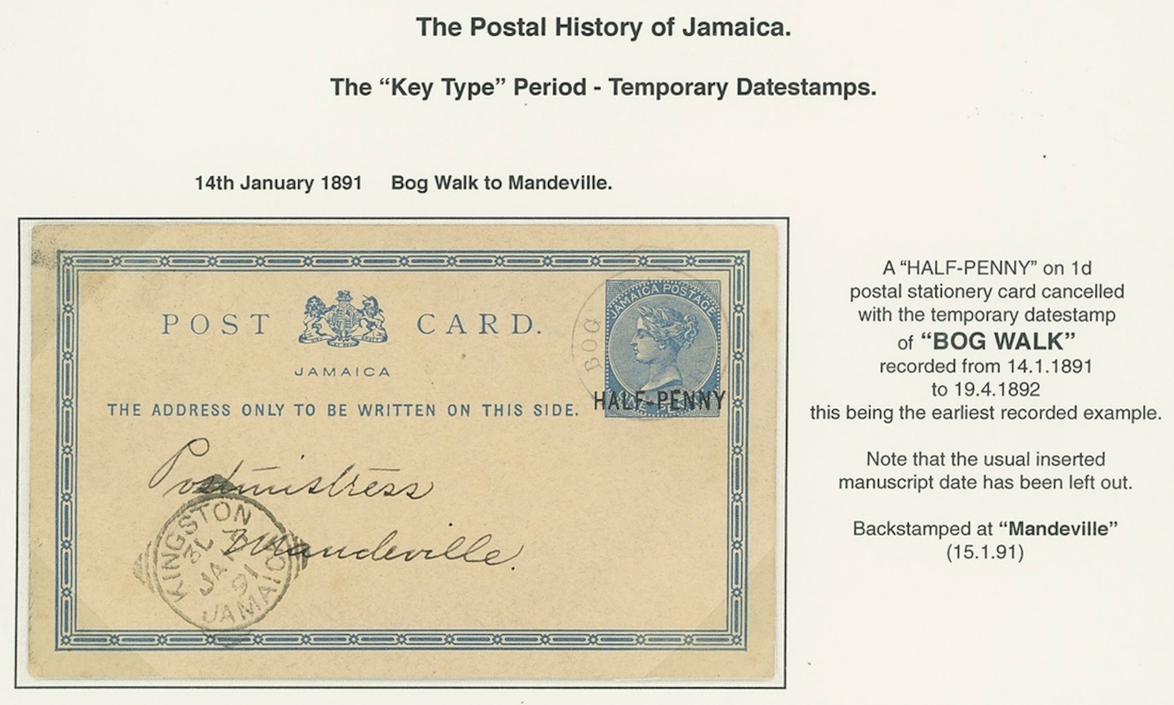 Jamaica Covers and Cancellations Temporary Rubber Datestamps 1891