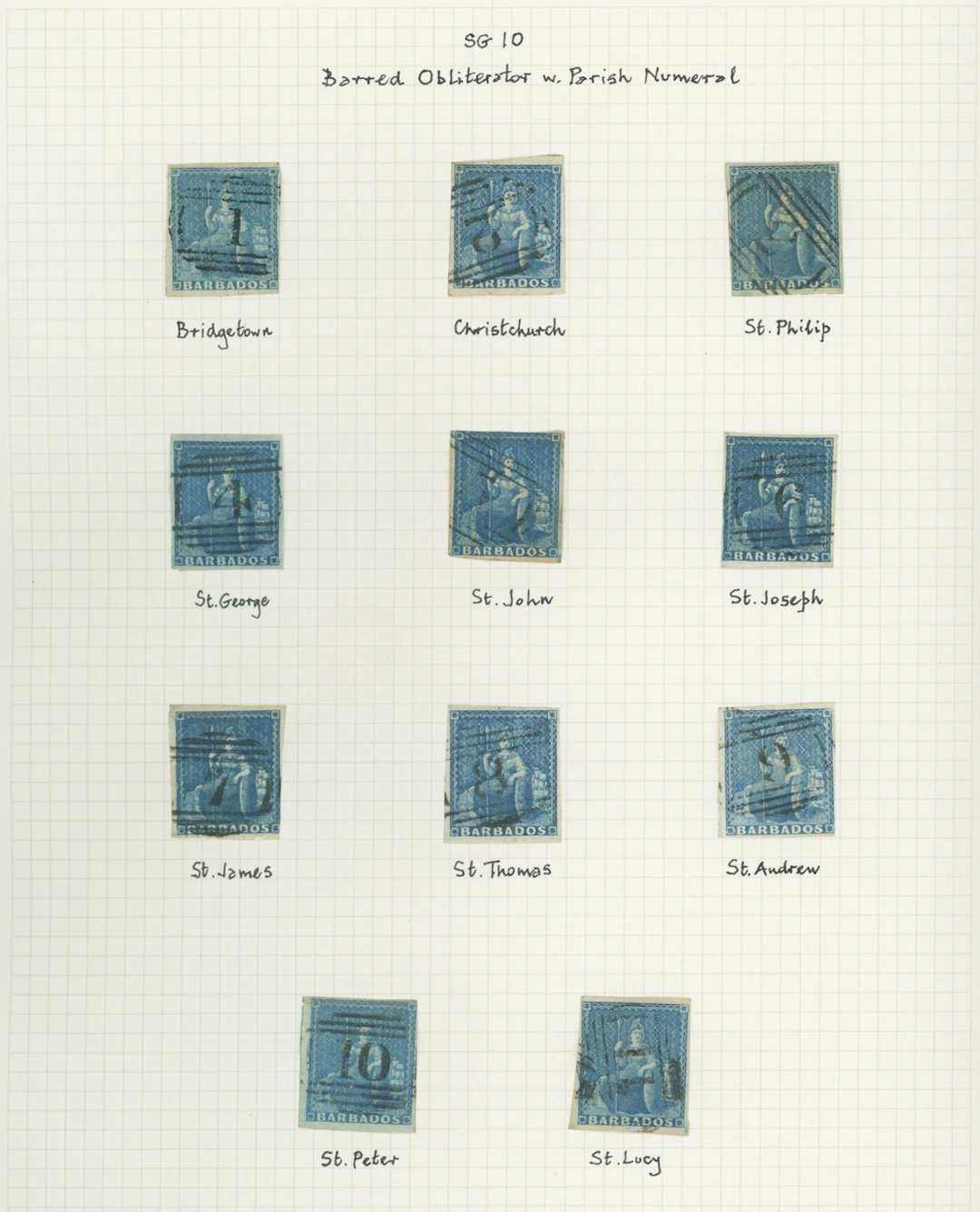 Barbados Cancellations 1855-58 white paper, imperf, (1d.) blue (shades)