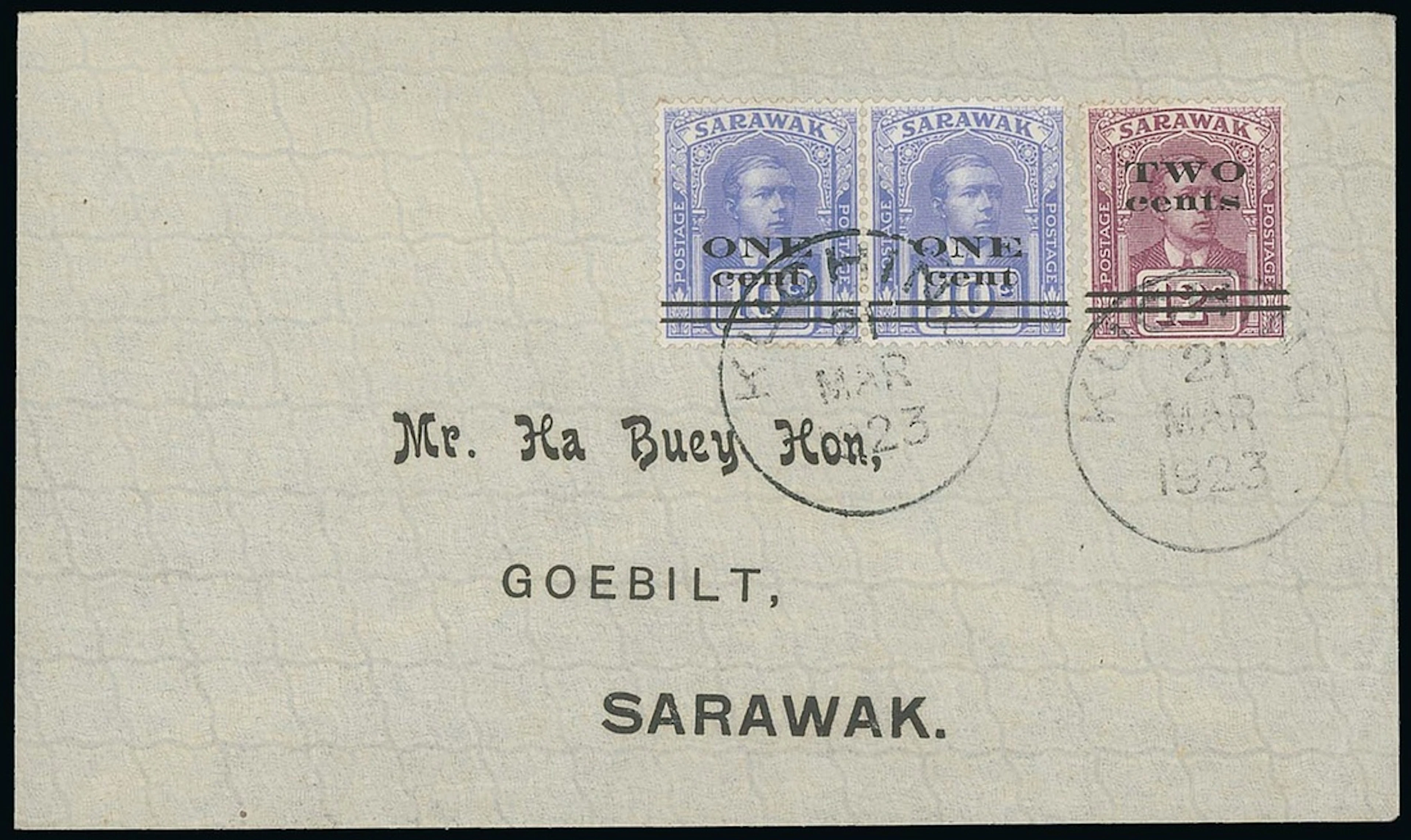 Sarawak 1923 Provisionals Covers 1923 (21 Mar.) Ha Buey Hon envelope