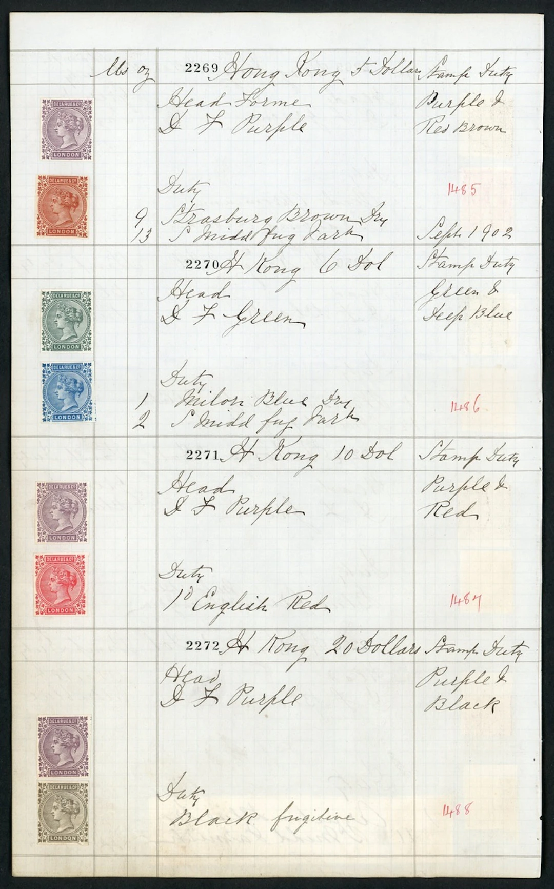 Hong Kong Queen Victoria 1902 (Sept.) De La Rue colour recipe on the