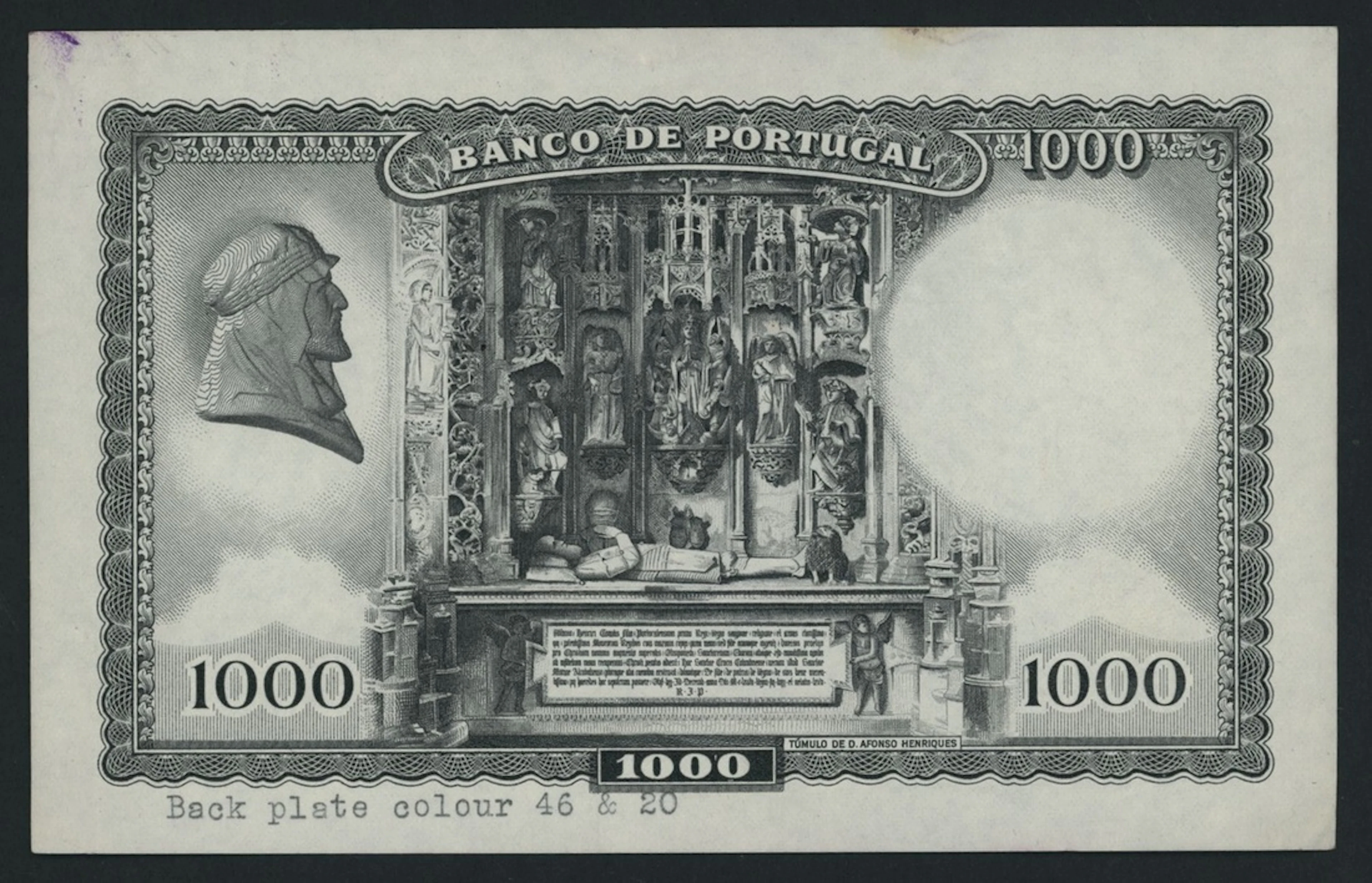 Banco de Portugal, back proof for 1000 Escudos, ND (1942), (Pick 156 for type)