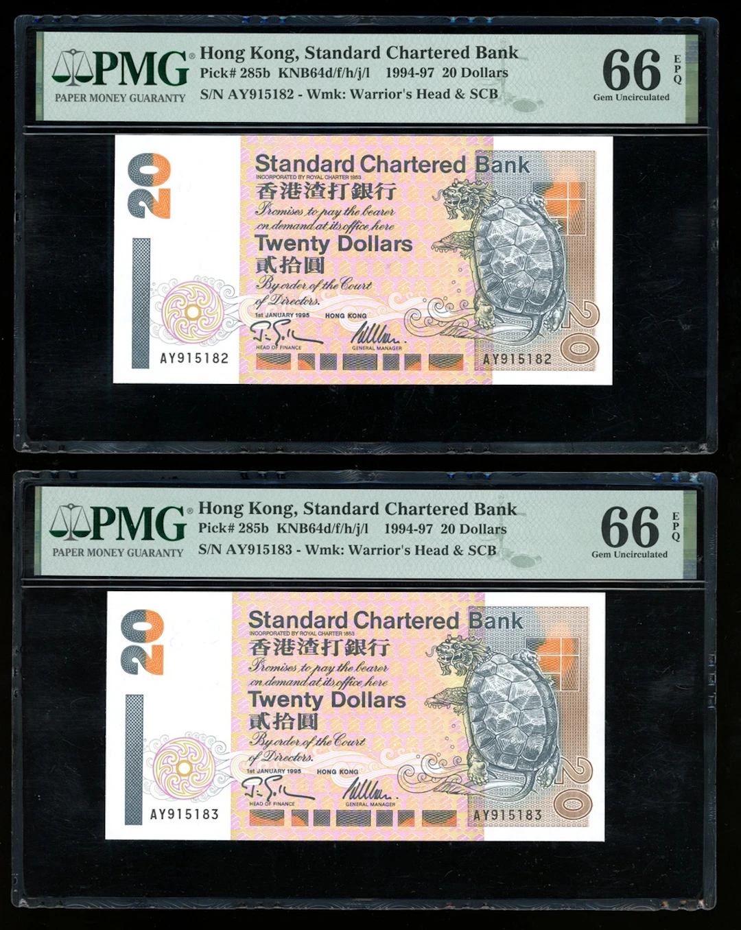 Standard Chartered Bank, Hong Kong, consecutive pair $20, 1.1.1995