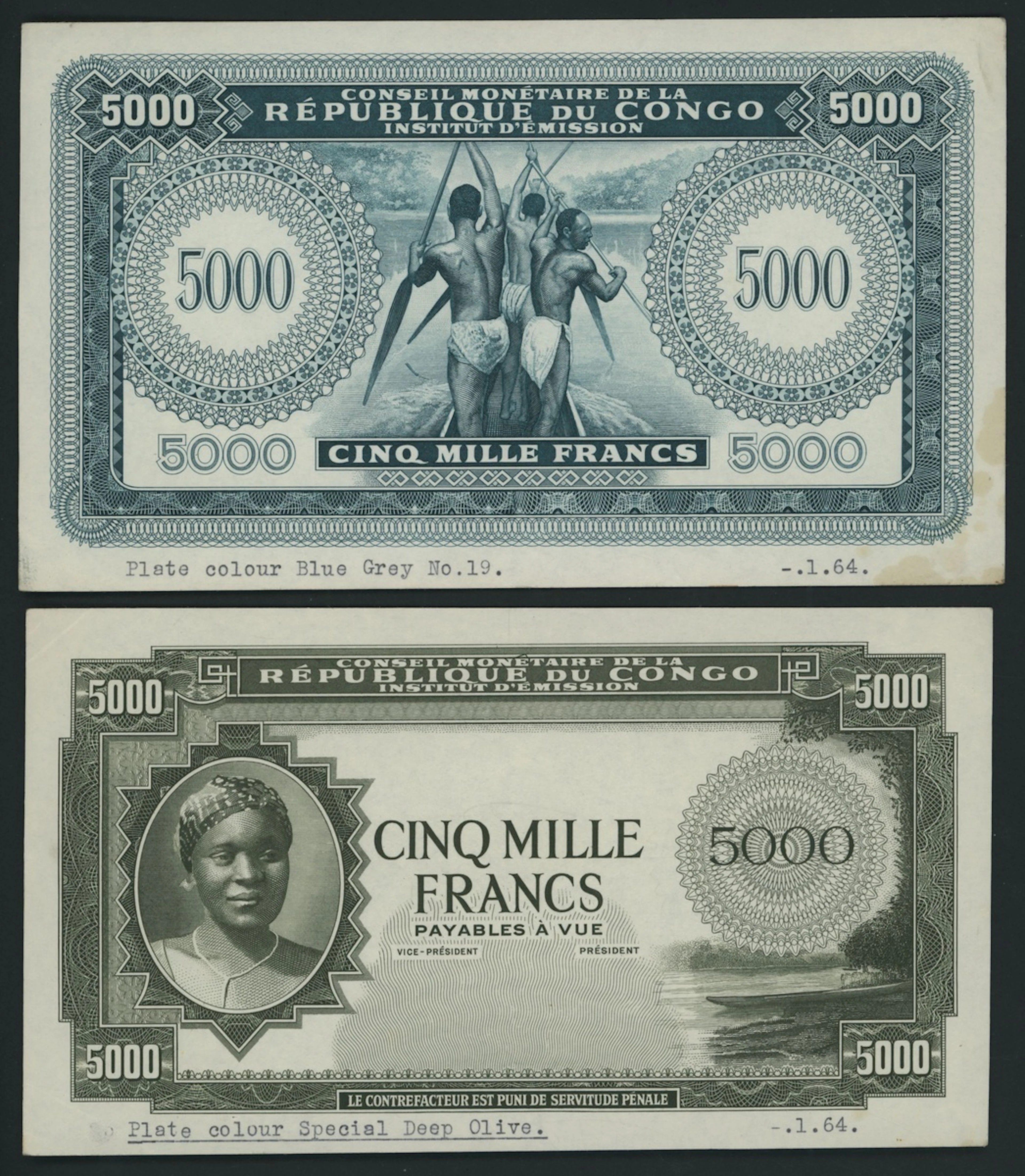 Conseil Monétaire de la Répbulique du Congo, [2 notes] front and back