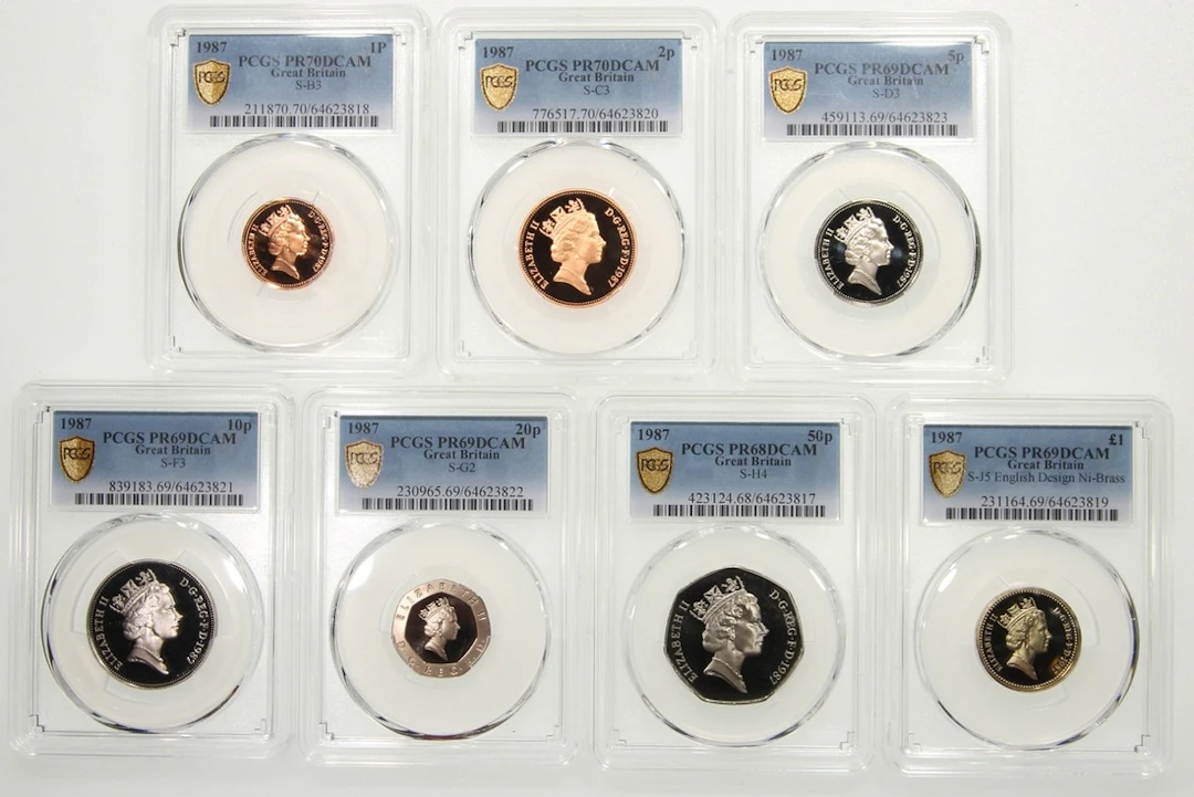 Great Britain, [PCGS PR68-70DCAM] a set of 7x, 1p, 2p, 5p, 10p, 20