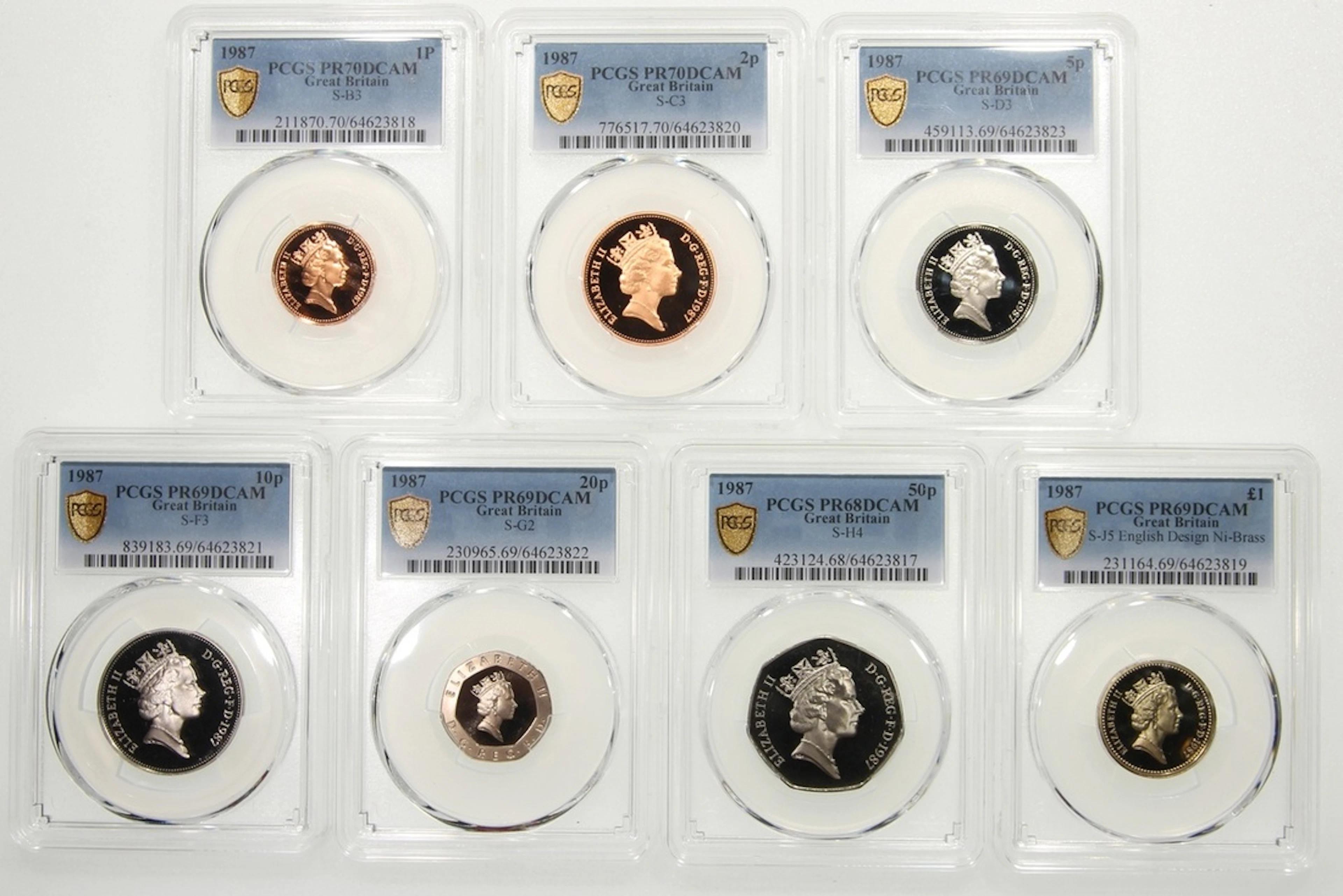 Great Britain, [PCGS PR68-70DCAM] a set of 7x, 1p, 2p, 5p, 10p, 20